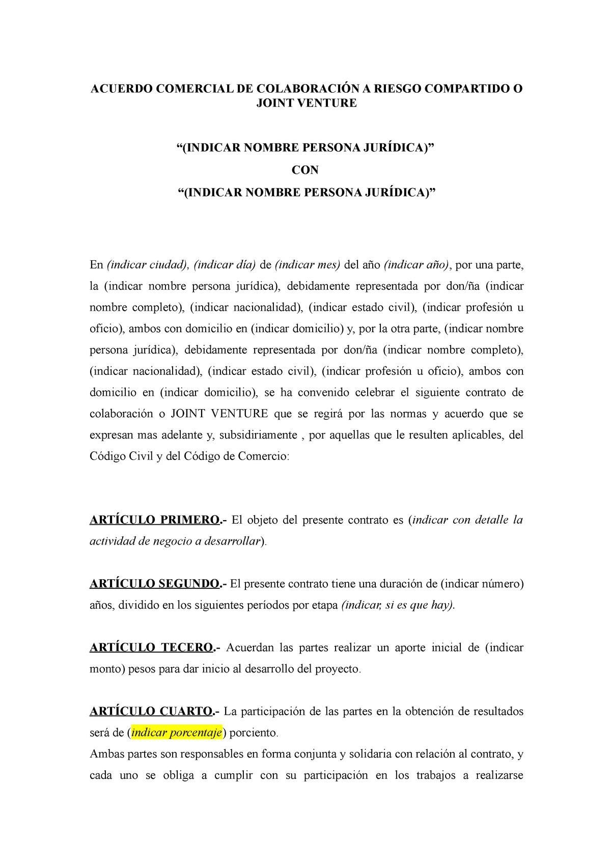 Modelo De Contrato De Joint Venture En Word Gratis 7533