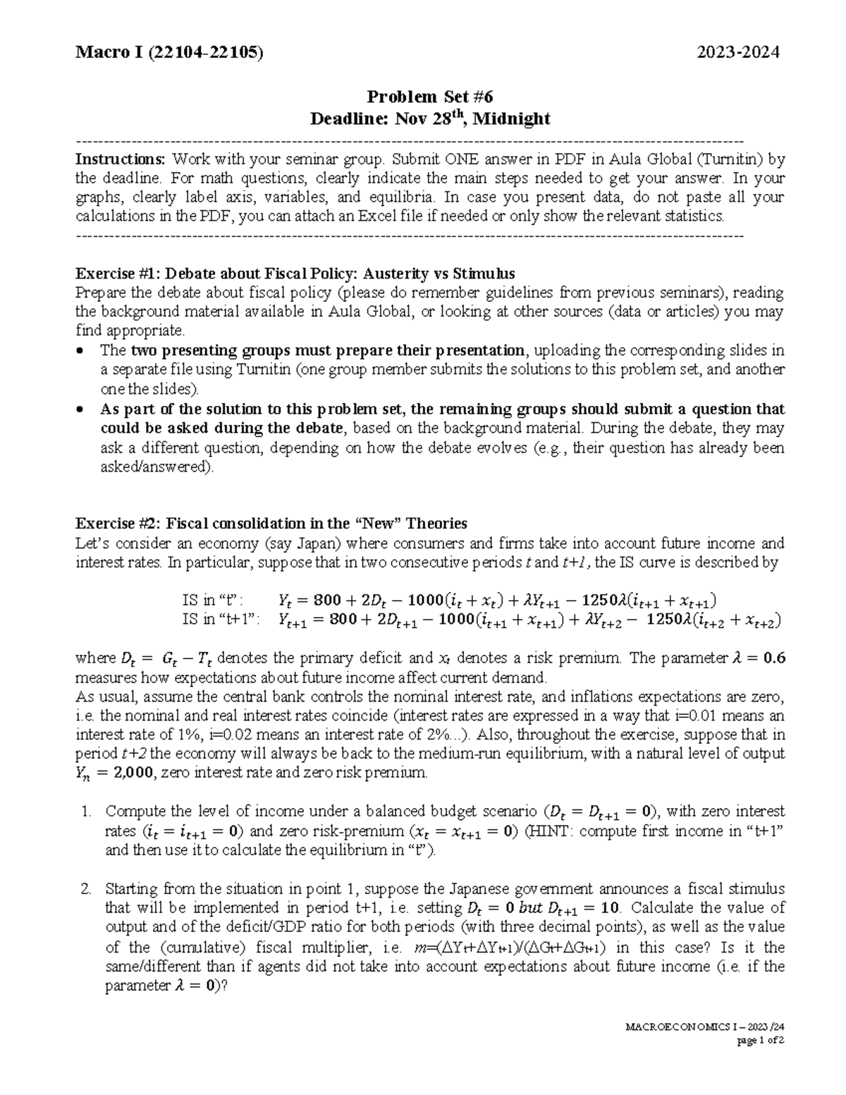Problem Set 6 Students - MACROECONOMICS I – 2023 /2 4 page 1 of 2 Macro ...