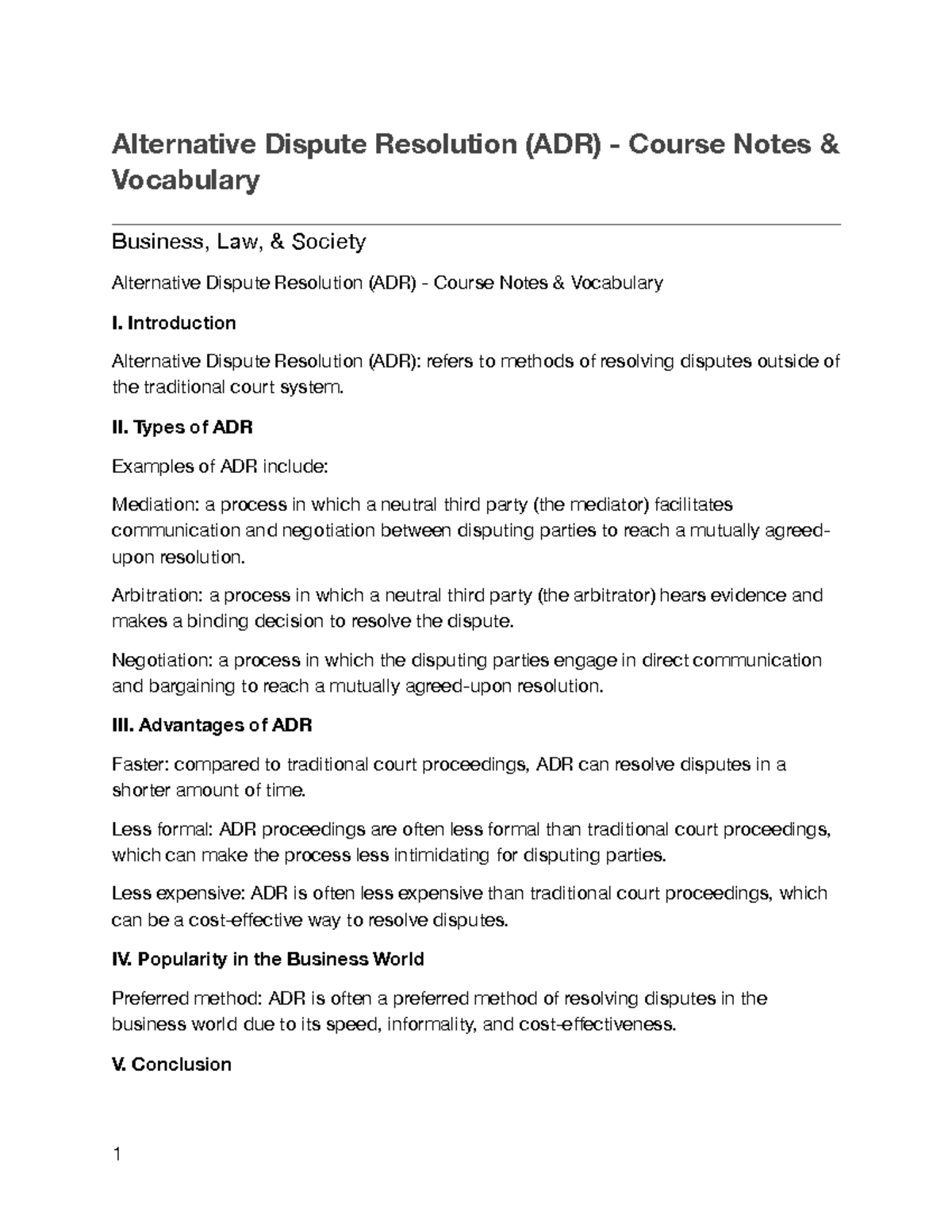 Alternative Dispute Resolution (ADR) Notes and Vocab - Alternative ...