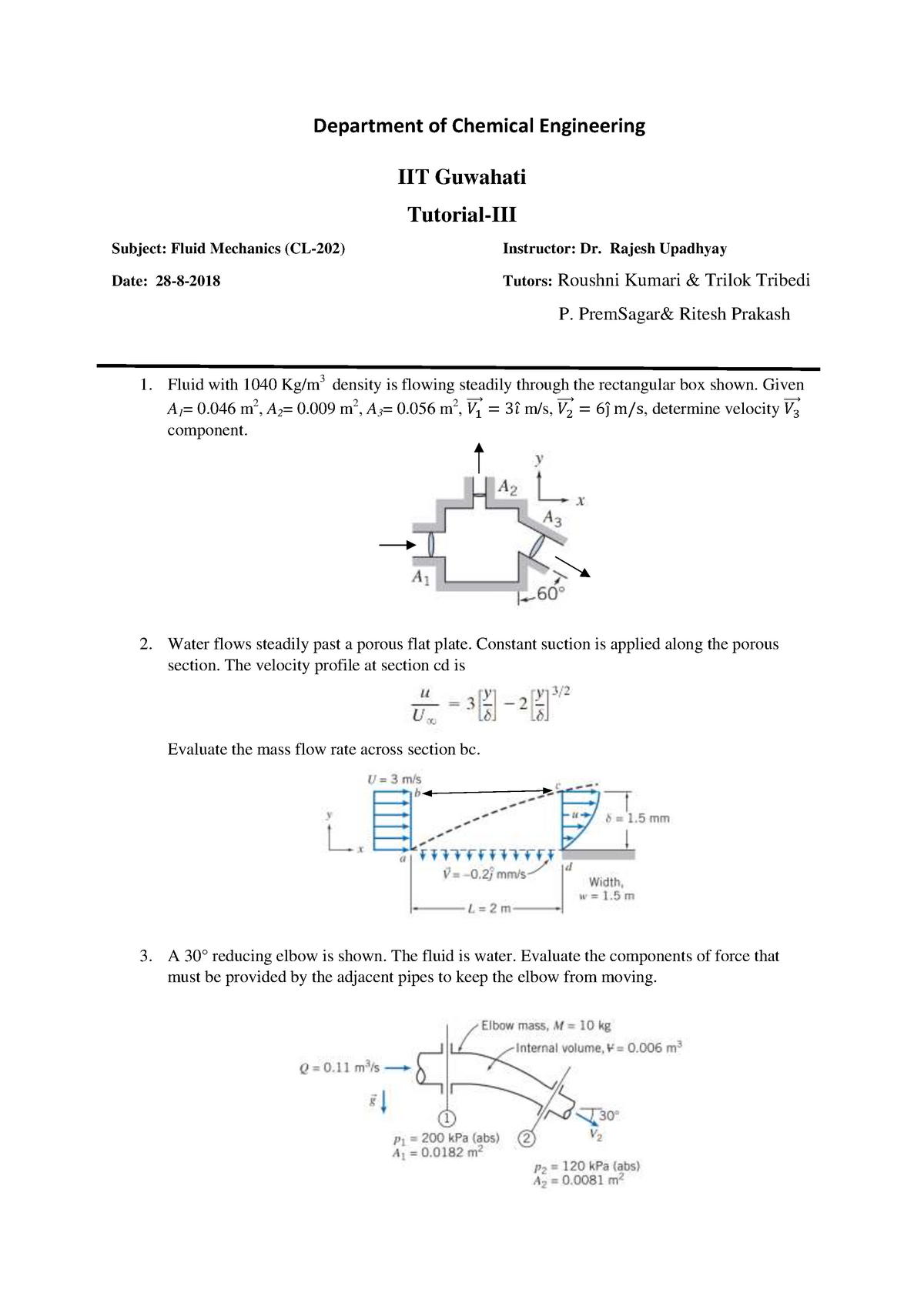 Tutorials 3 Questions - Chemical Engineering Fluid Mechanics Tutorial 3 ...