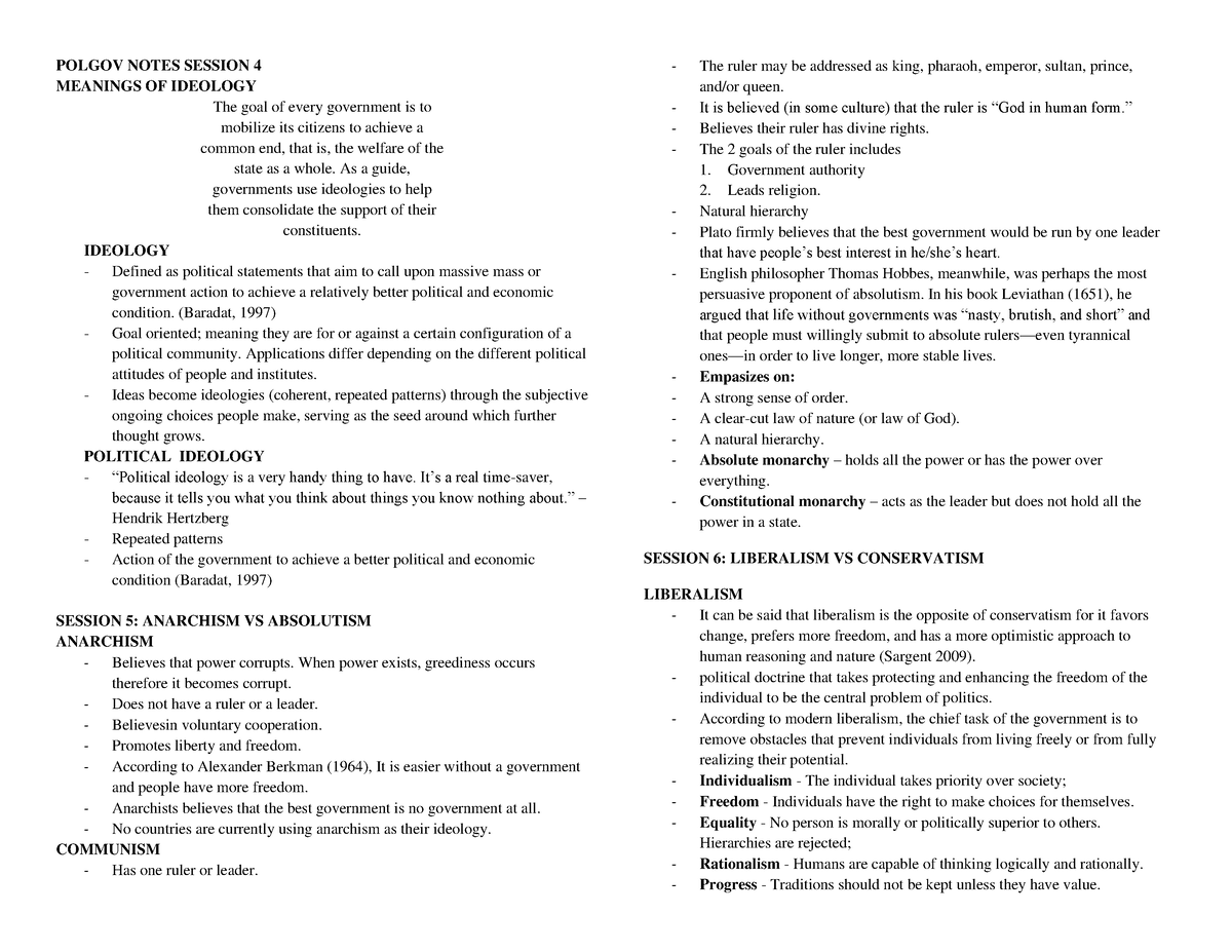 Polgov Notes Session 4 - POLGOV NOTES SESSION 4 MEANINGS OF IDEOLOGY ...