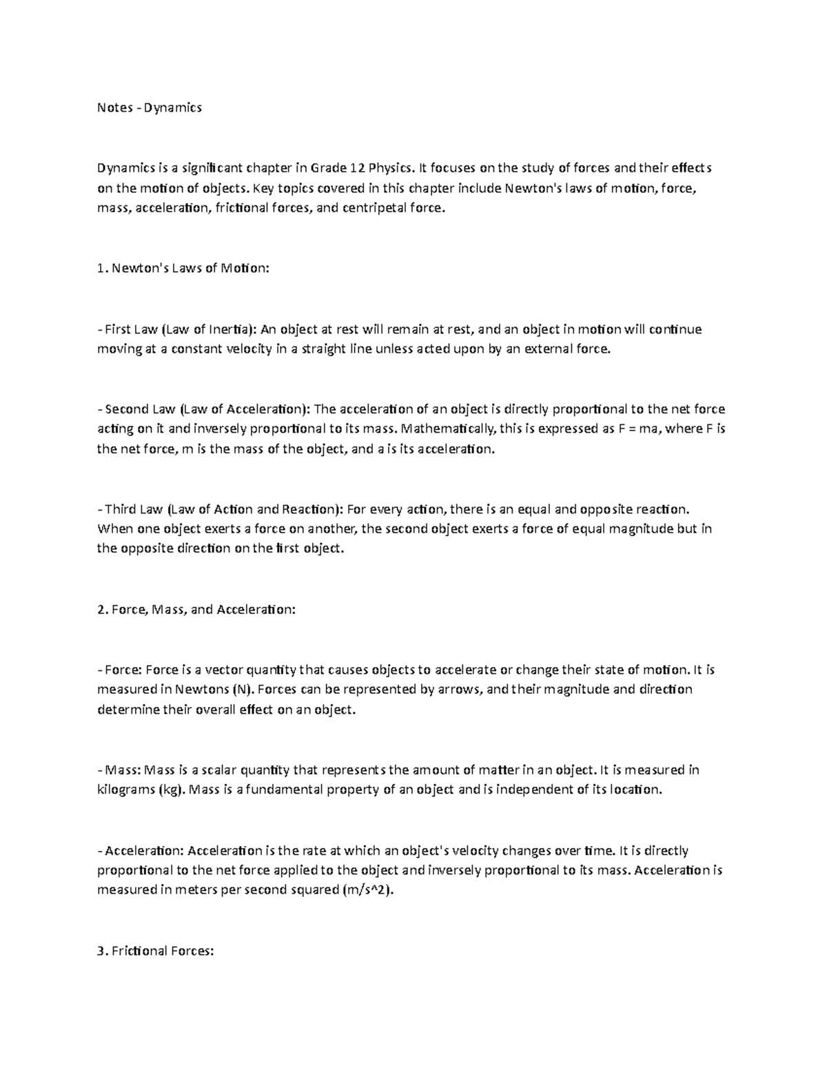 Dynamics - Notes - Dynamics Dynamics is a significant chapter in Grade ...