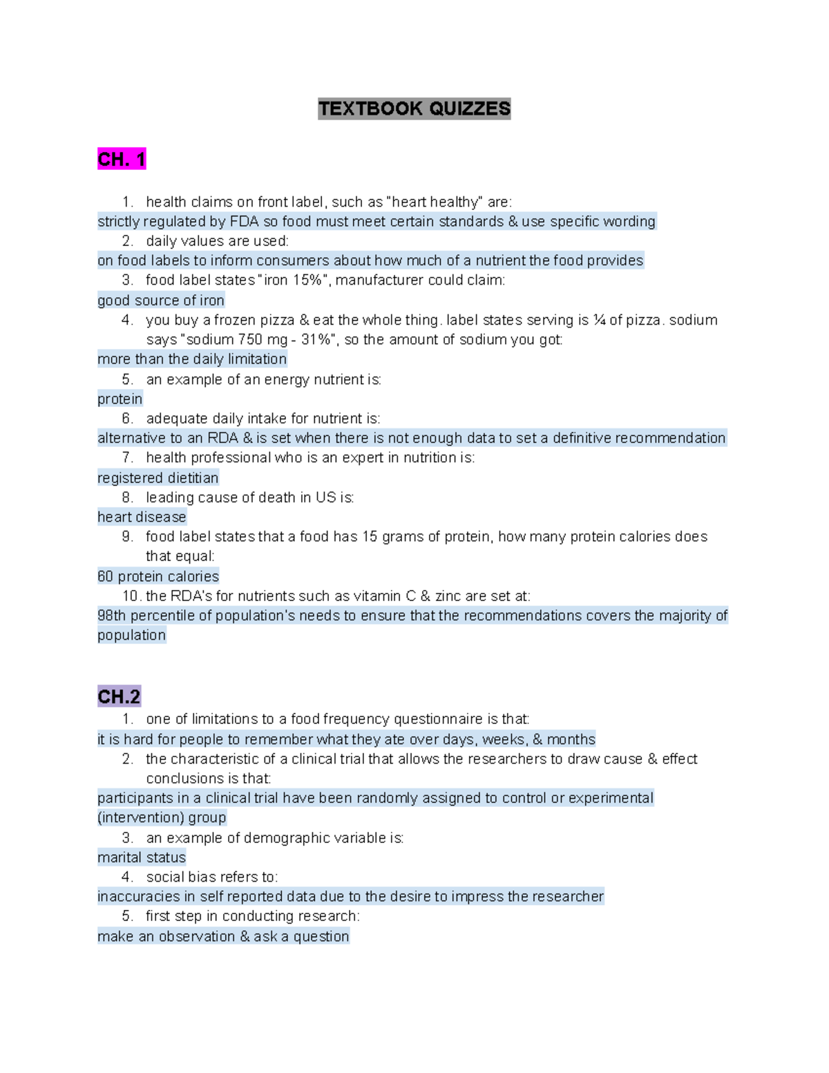 EXAM 1 - NTR - Chapter Quizzes - TEXTBOOK QUIZZES CH. 1 Health Claims ...