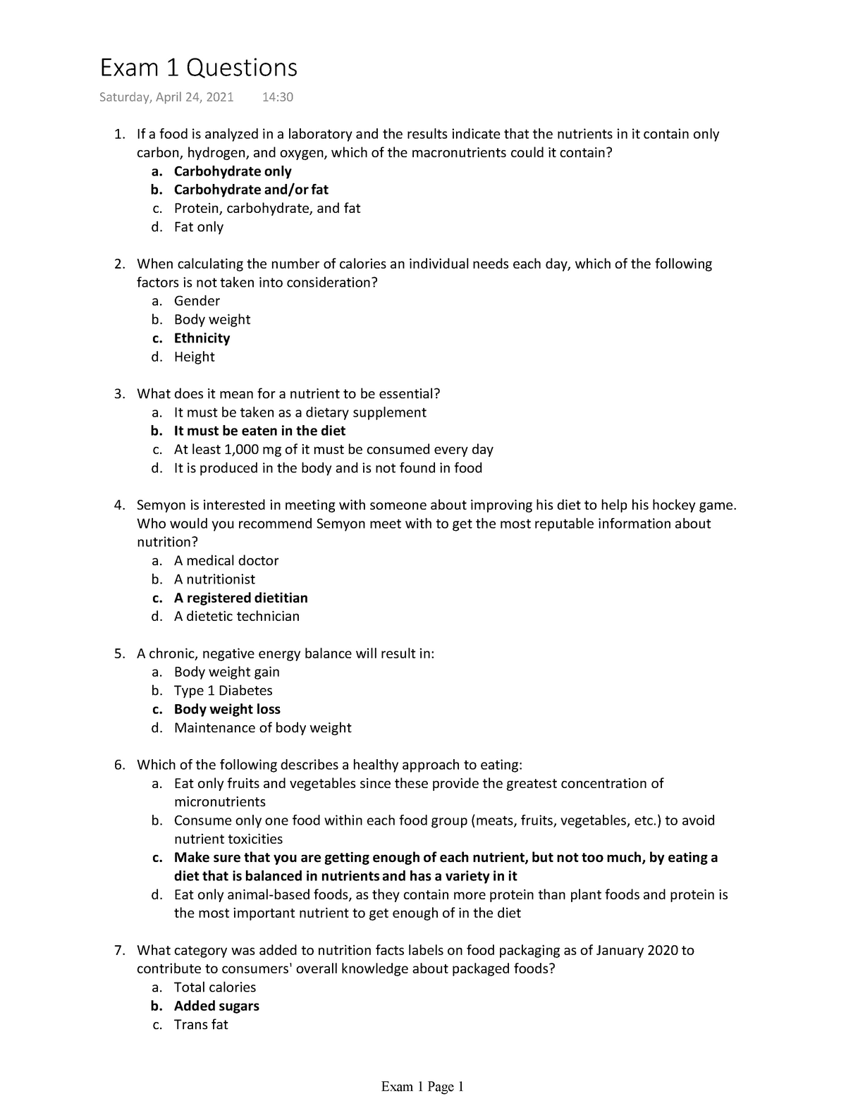 Exam 1 Questions - Dr. Nicole Stob - If a food is analyzed in a ...