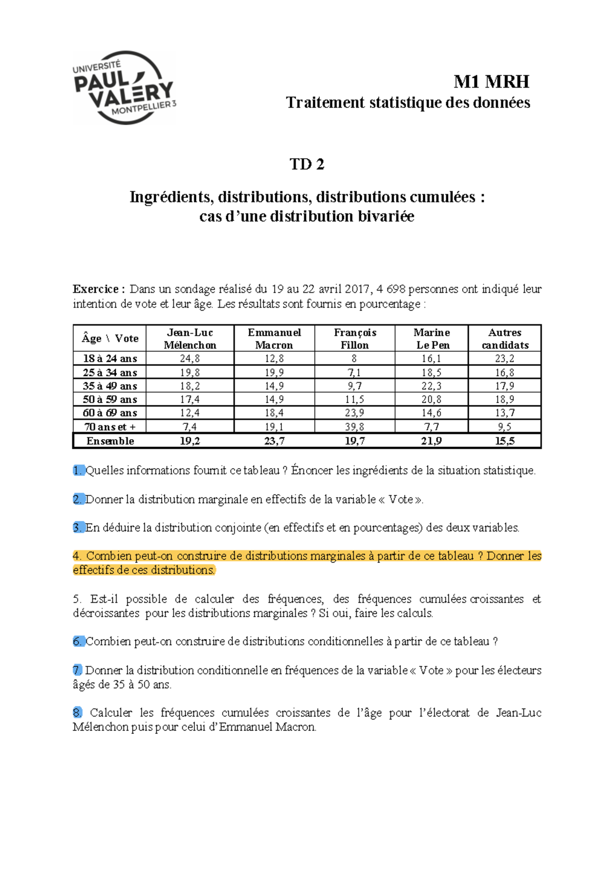 TD2 - Travaux Dirigés - TD 2 Ingrédients, distributions, distributions ...