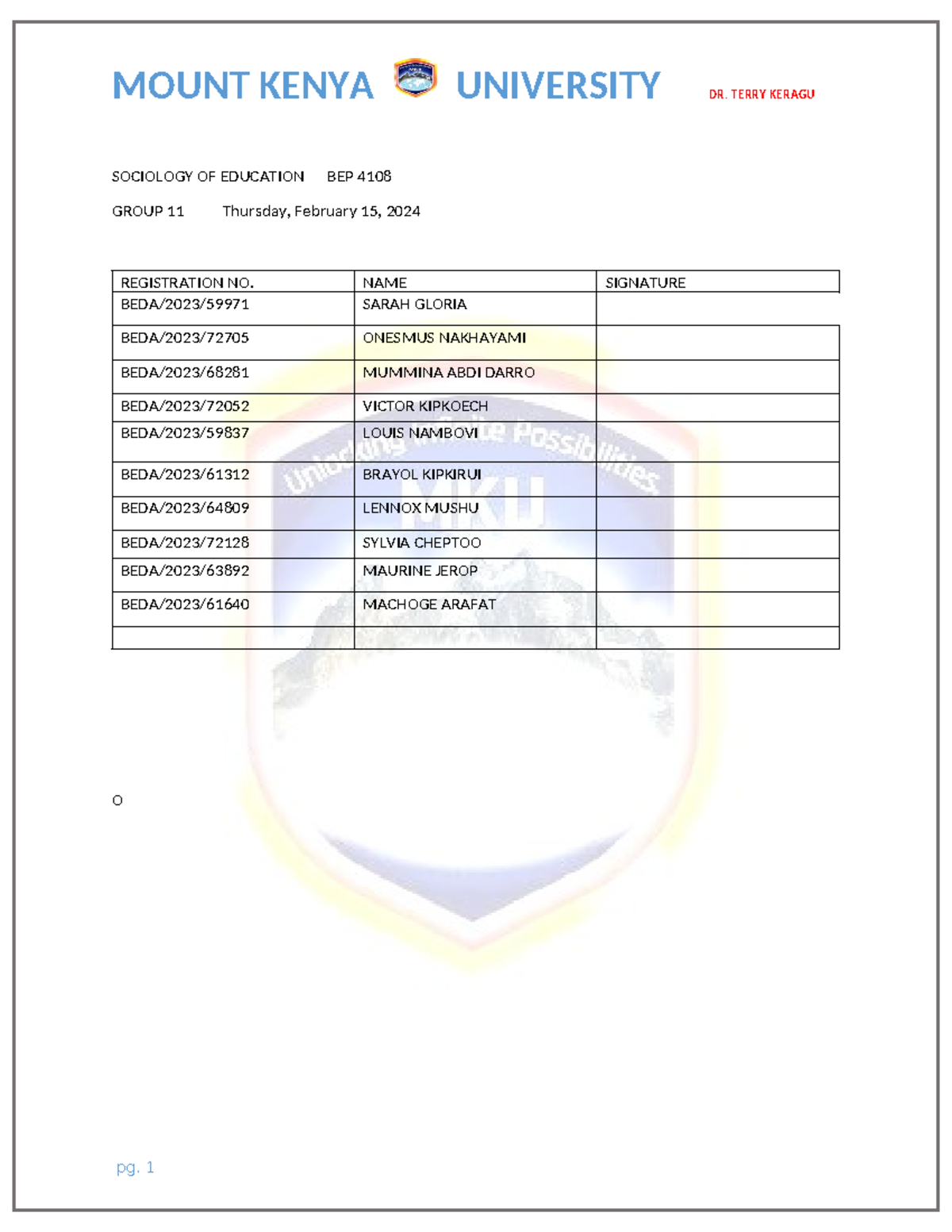 Sociology OF Education BEP 4108 - MOUNT KENYA UNIVERSITY DR. TERRY ...