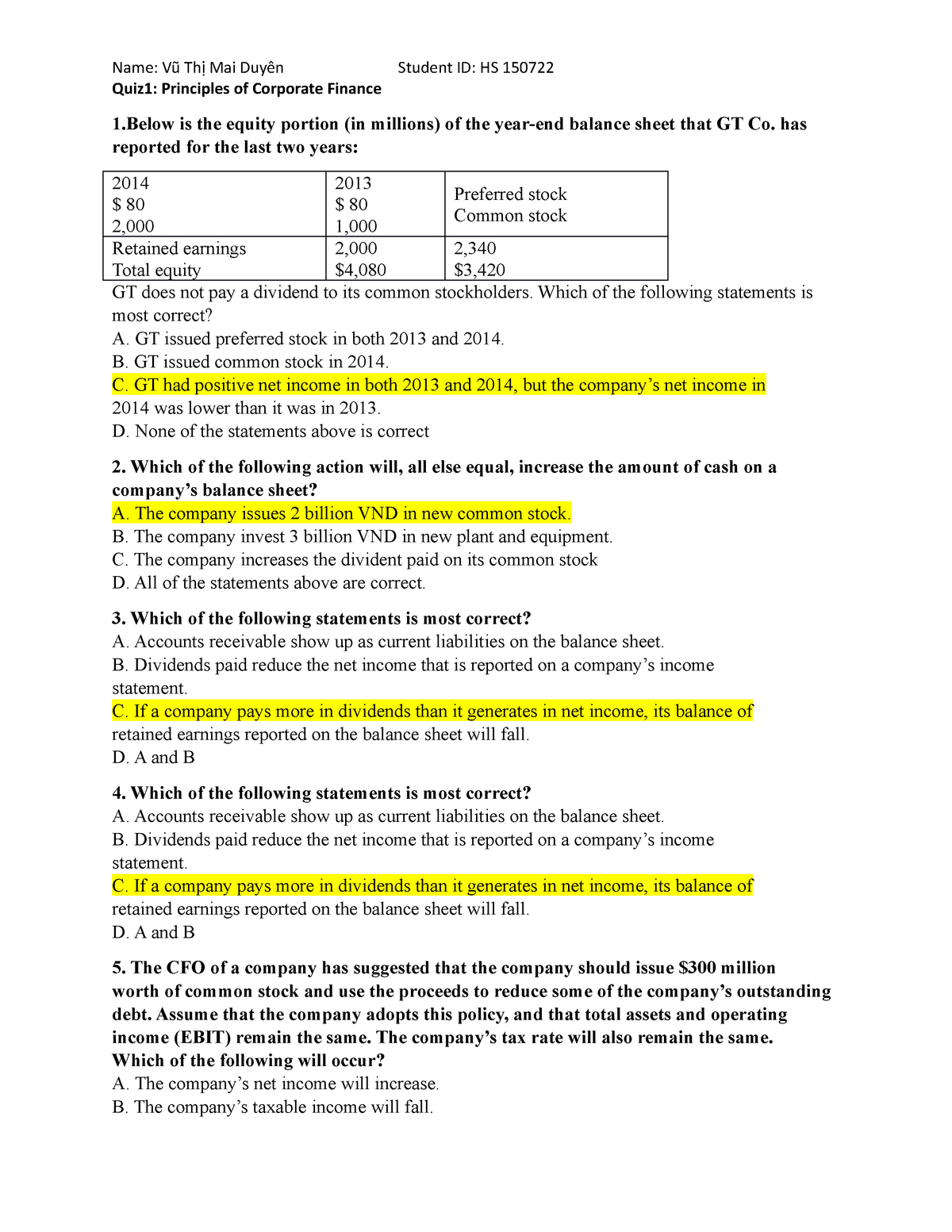 Quiz 1 1 MKT 1605 FIN202 - Corporate Finance - FPT - Studocu