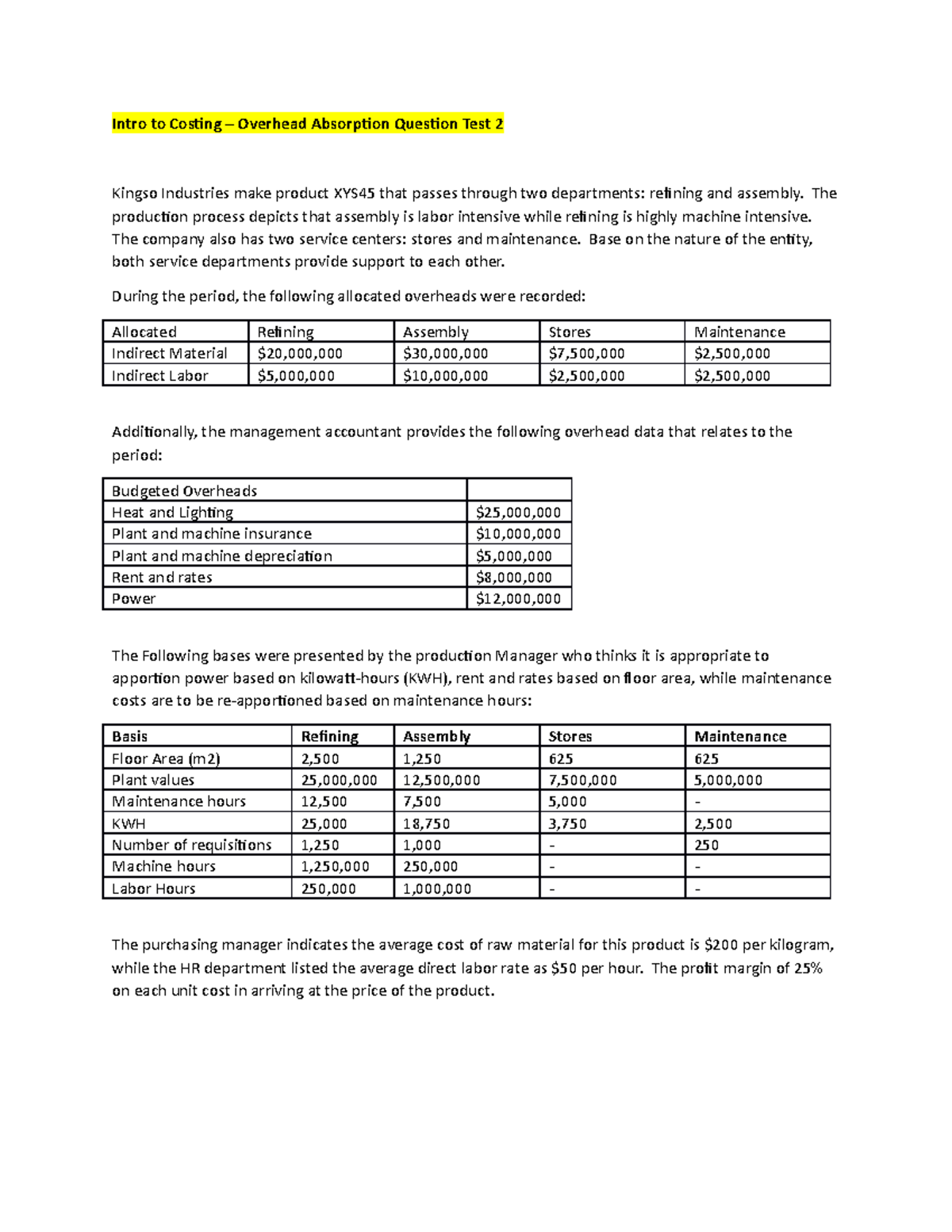 Intro to Costing Test 2 Overhead Question Intro to Costing Overhead Absorption Question Test