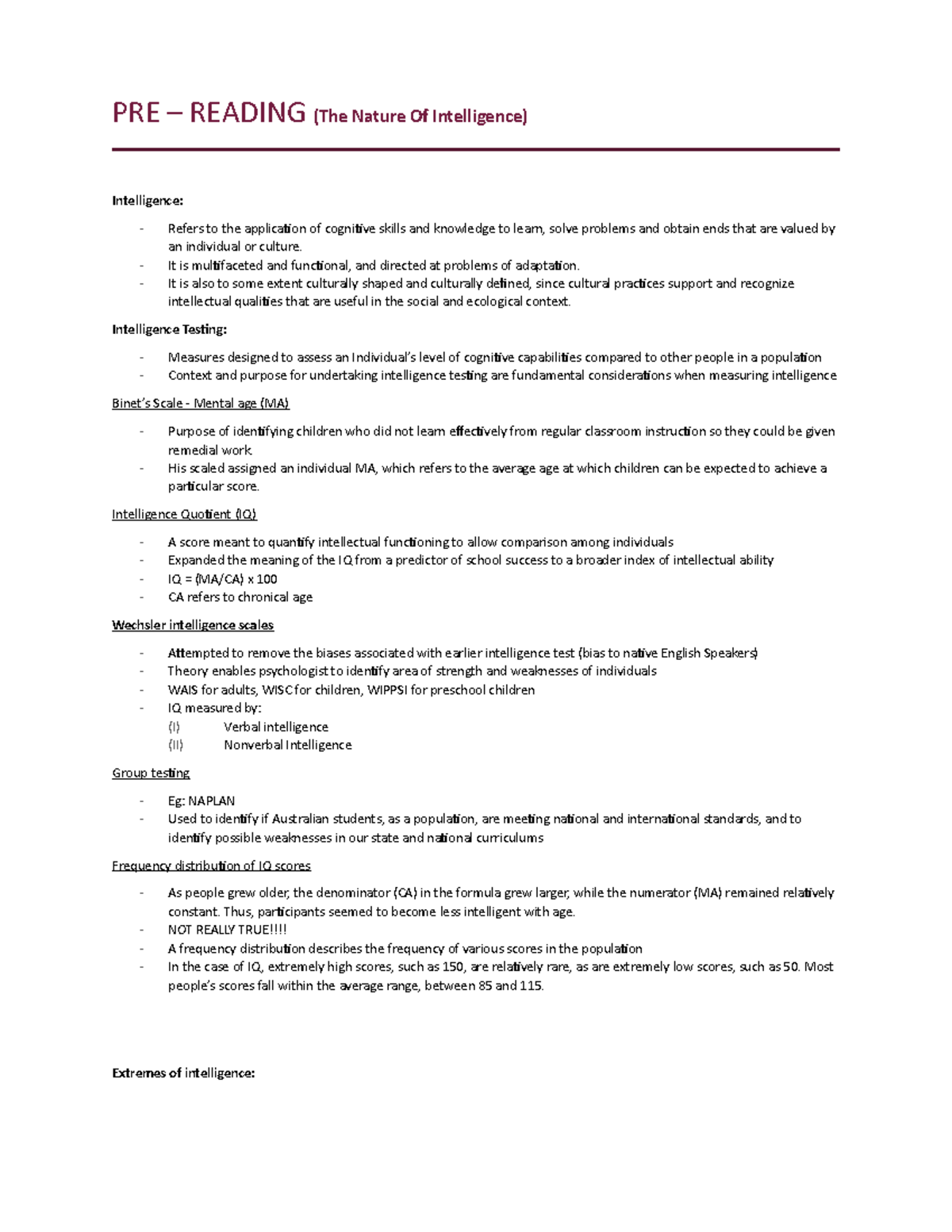 Pre-reading Inteligence - PRE – READING (The Nature Of Intelligence ...