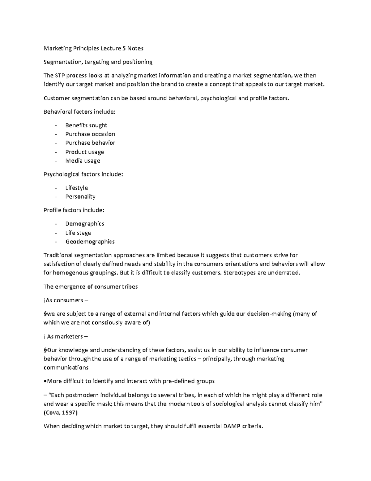 Marketing Principles Lecture 5 Notes - Customer segmentation can be ...