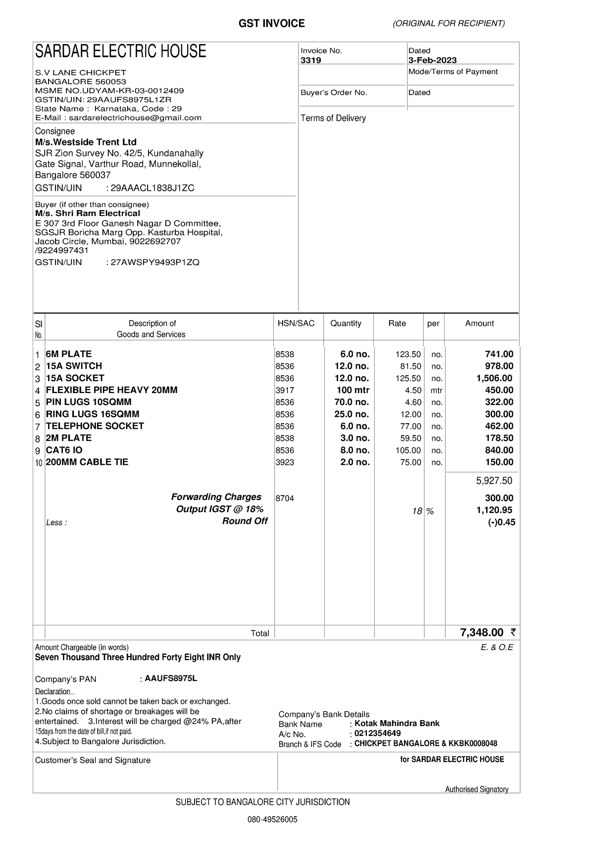 3319 - GST INVOICE (ORIGINAL FOR RECIPIENT) SARDAR ELECTRIC HOUSE S ...