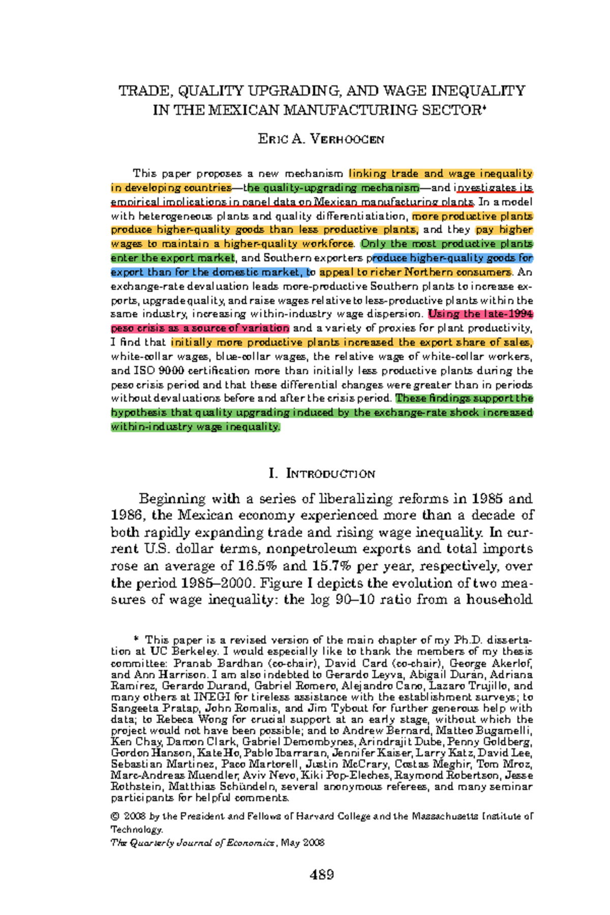Verhoogen's model 2008 - TRADE, QUALITY UPGRADING, AND WAGE INEQUALITY ...
