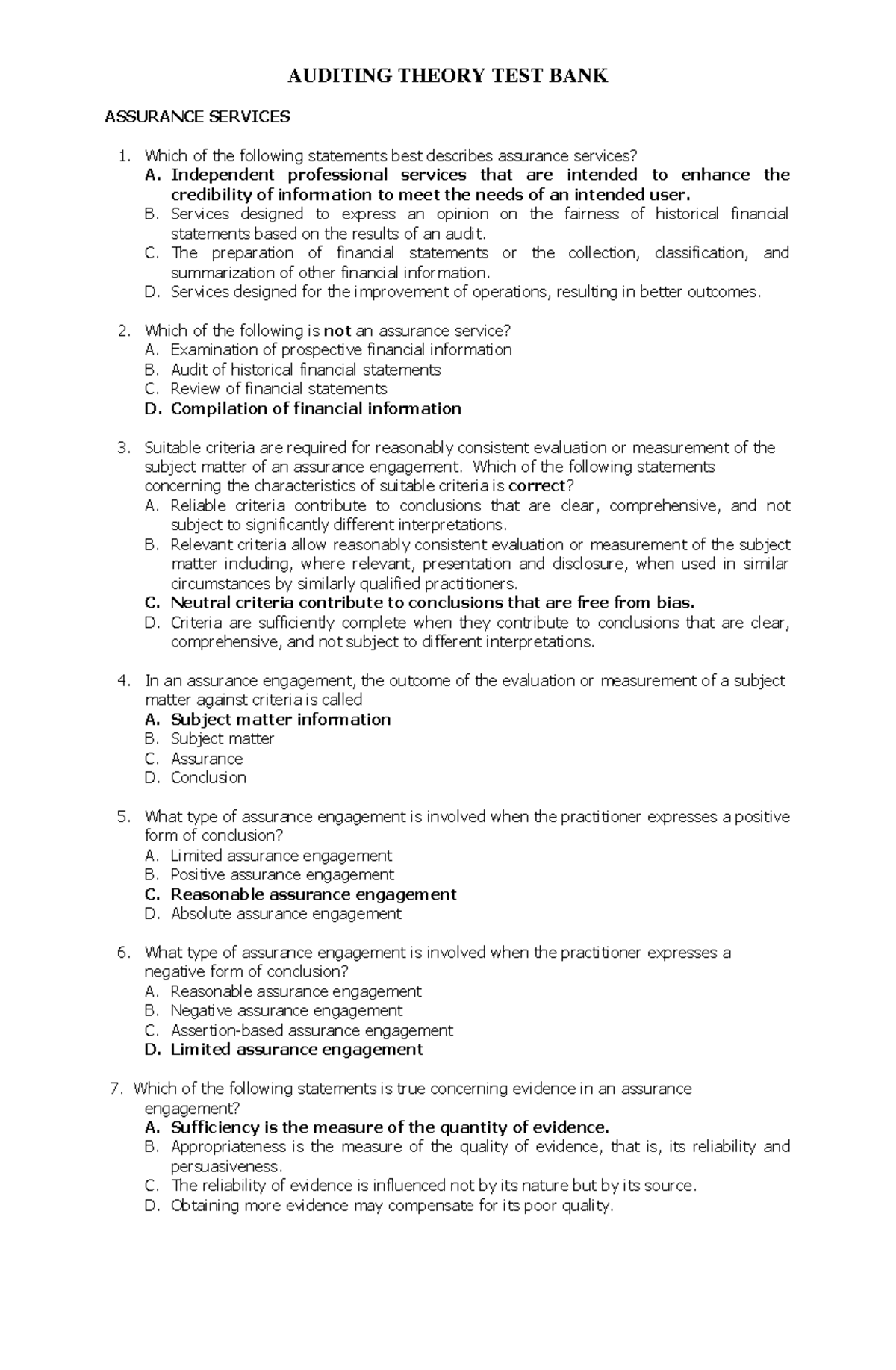 Auditing Test Bank With Answers - AUDITING THEORY TEST BANK ASSURANCE ...