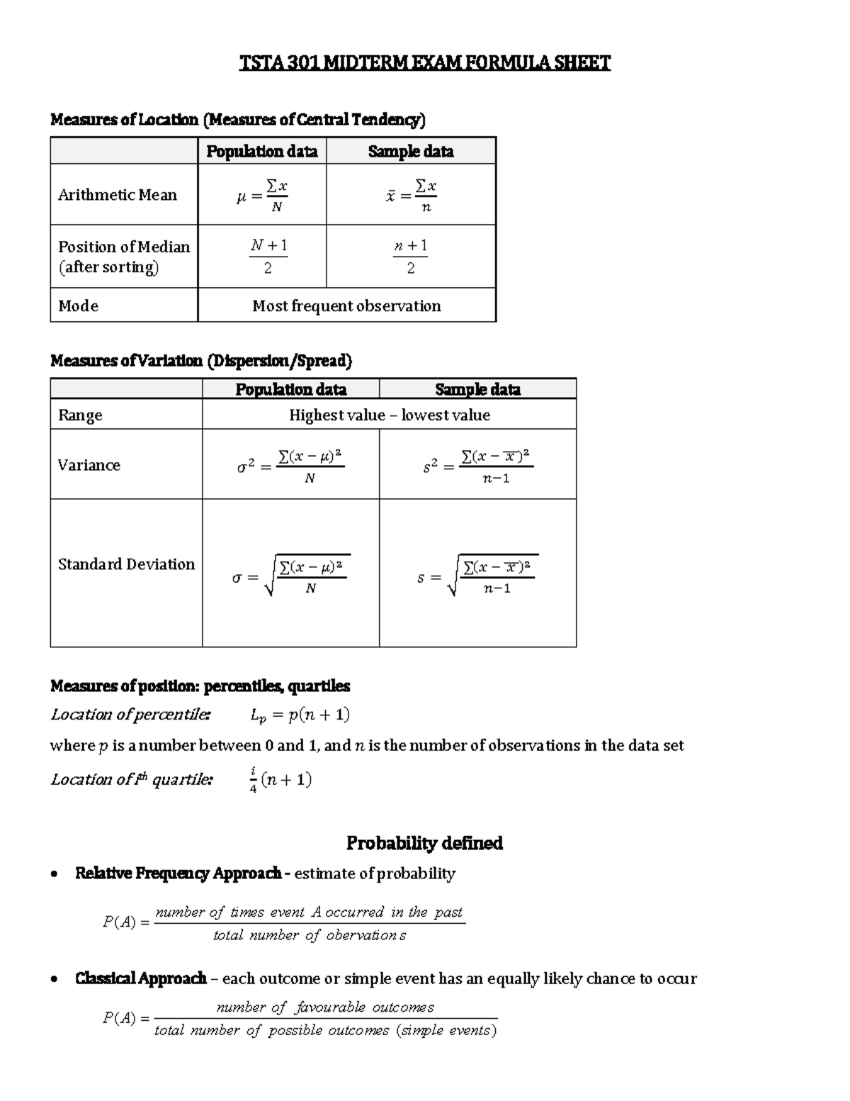 Mdtrm formula Sheet - Hypothesis Testing - TSTA 301 MIDTERM EXAM ...