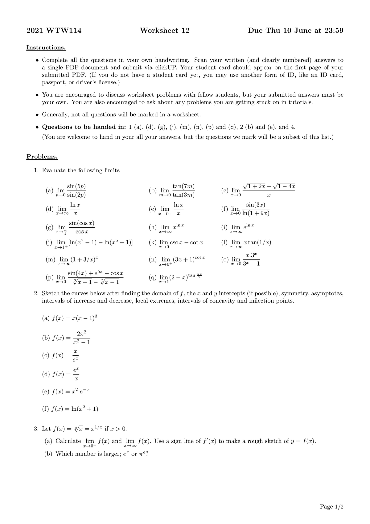 Practice Homework Worksheet 12 - 2021 WTW114 Worksheet 12 Due Thu 10 ...