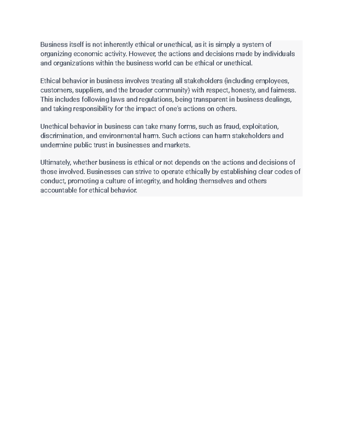 Is business ethical? - Business itself is not inherently ethical or ...