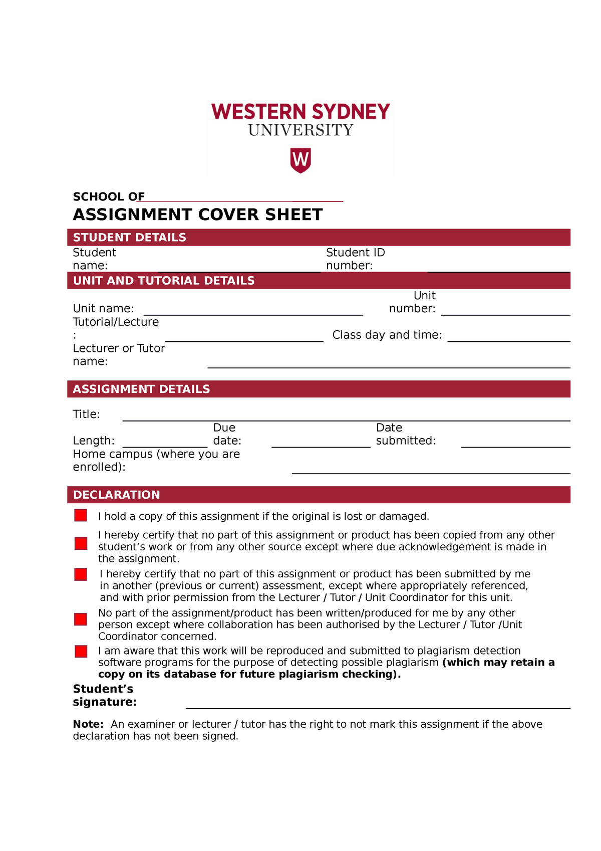 uws assignment cover sheet