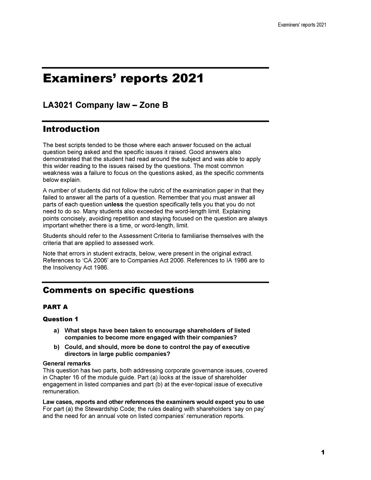 Company Report 2021 B - Examiners’ Reports 20 21 Examiners’ Reports ...