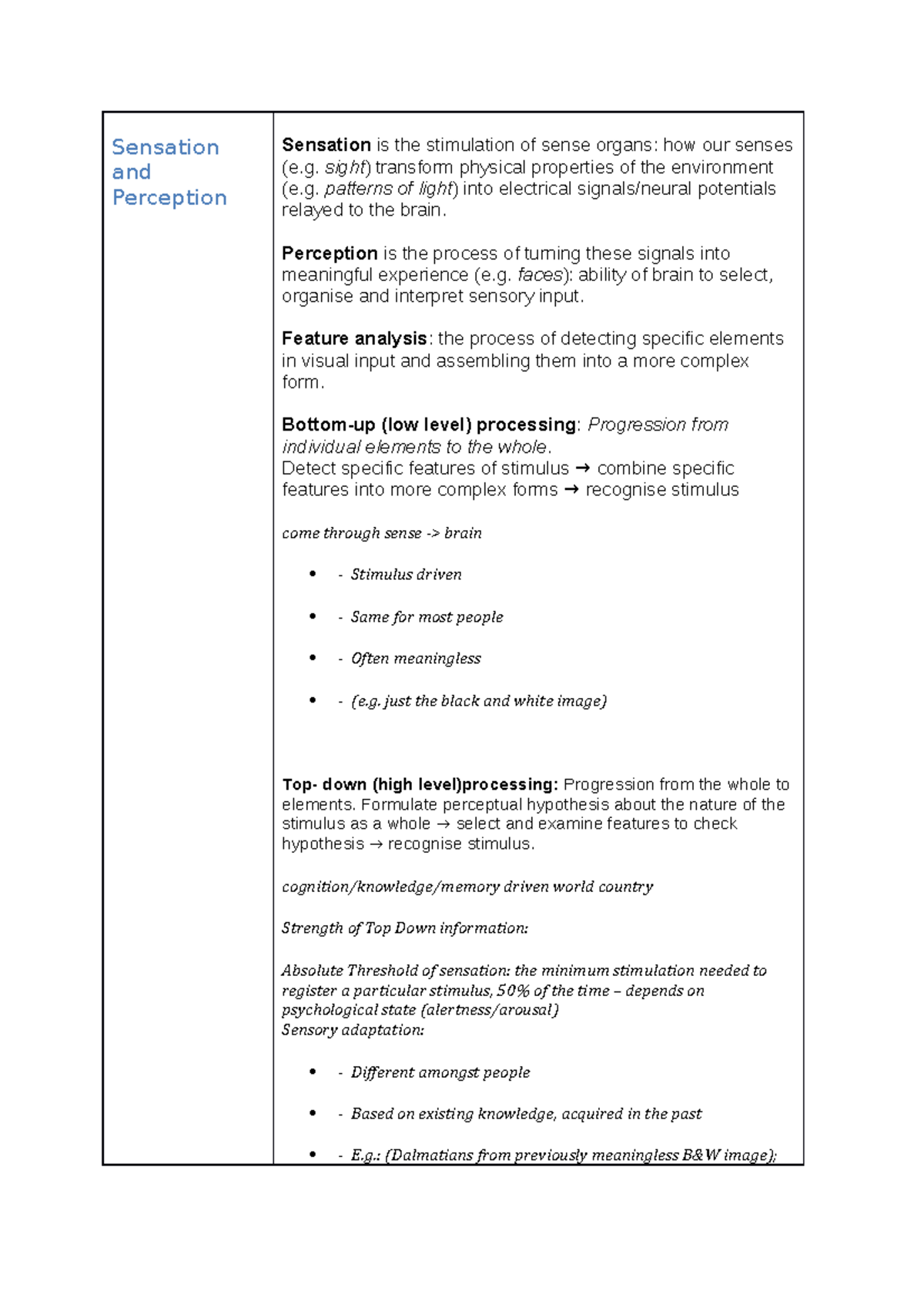 Perception notes from psych1002 - Sensation and Perception Sensation is ...
