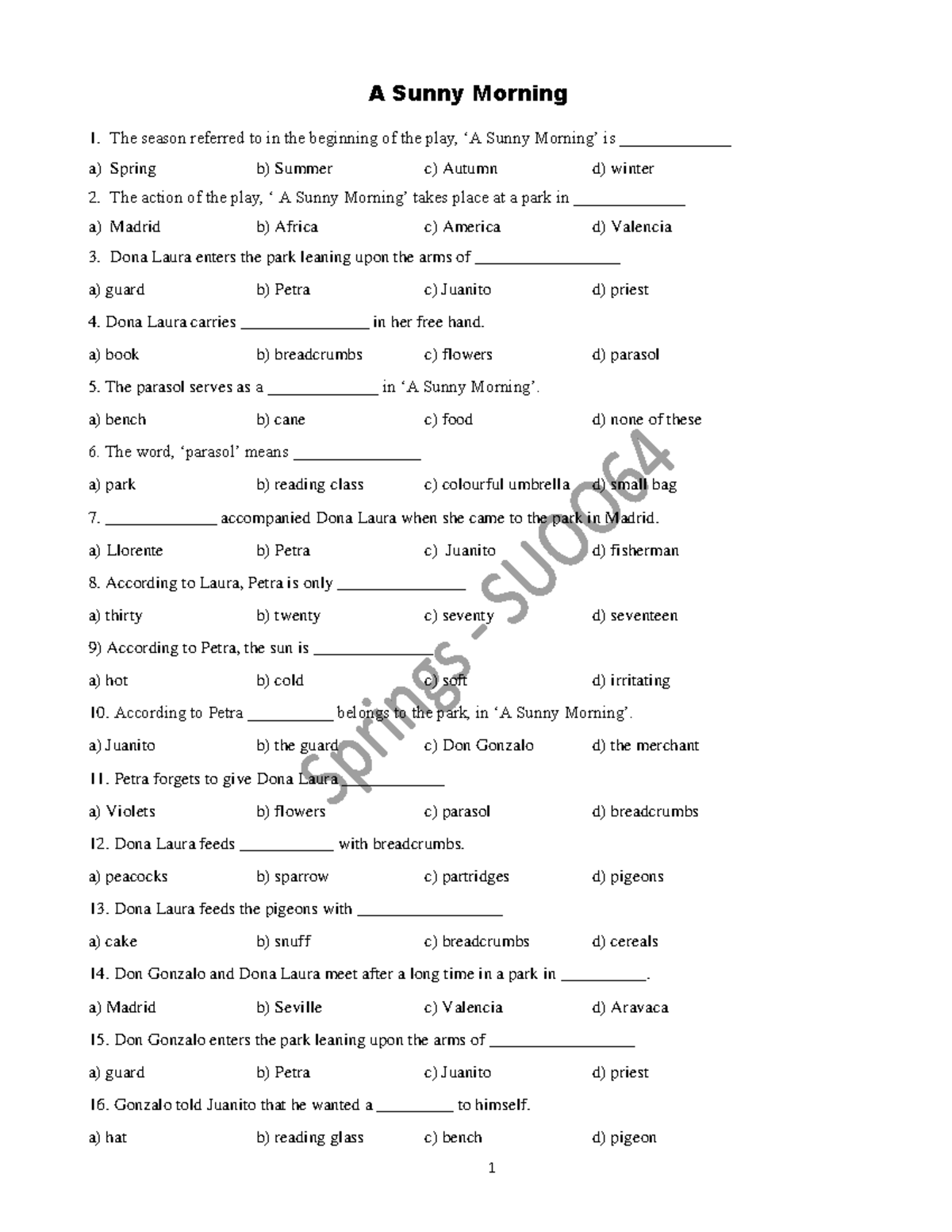A Sunny Morning MCQ Final 230912 101234 A Sunny Morning The