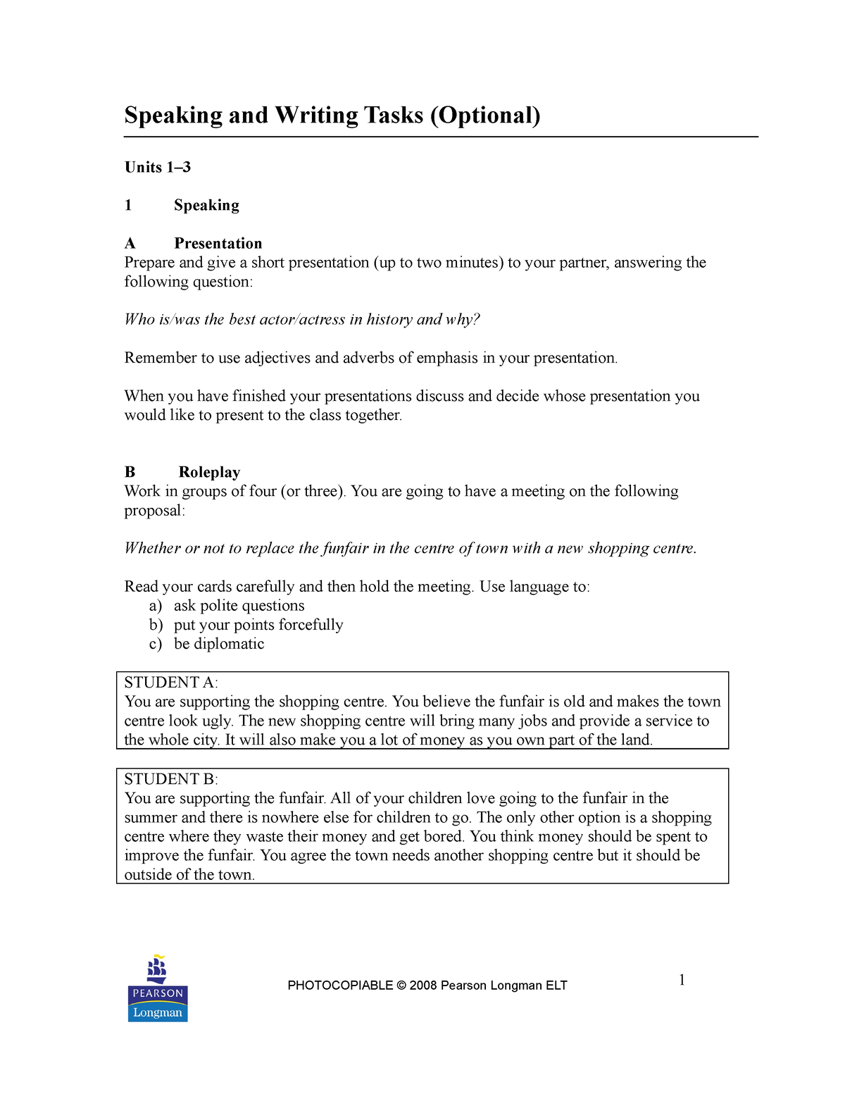 Speaking and Writing Activities - Speaking and Writing Tasks (Optional ...