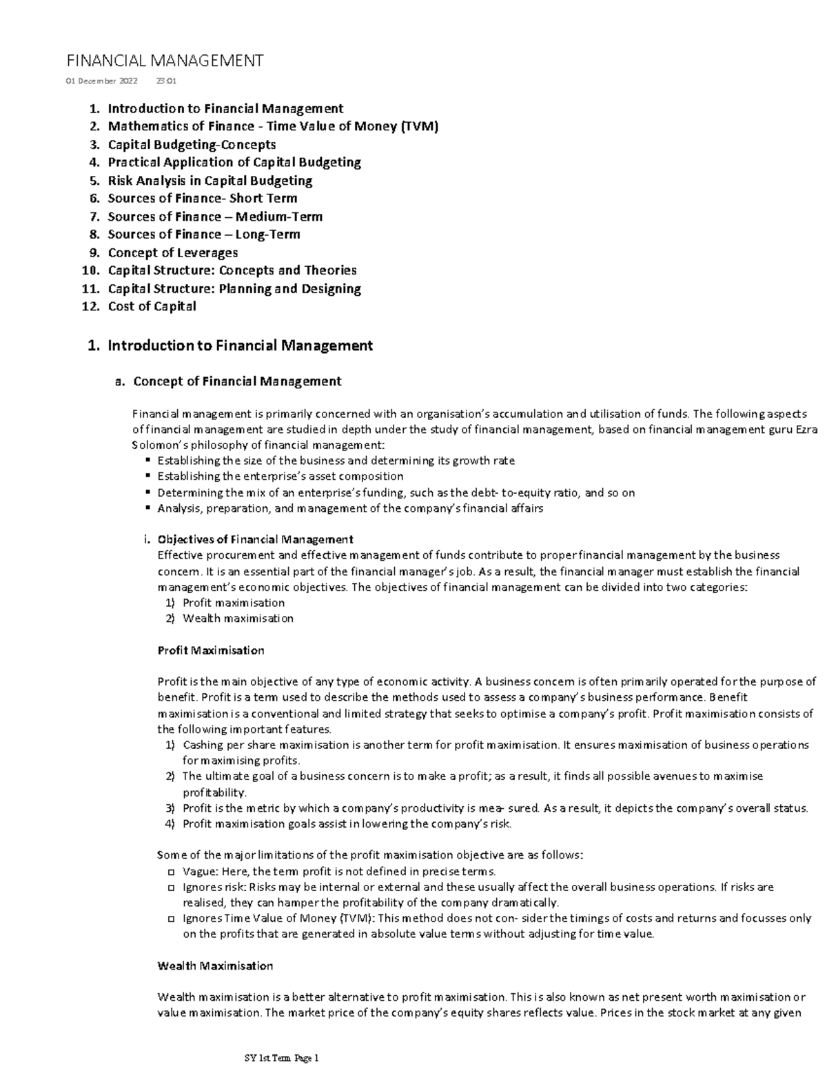 Financial Management Notes - 1. Introduction to Financial Management 2 ...