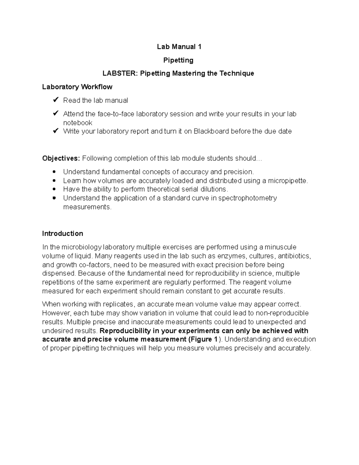 Laboratory 1 Pipetting Lab Manual 1 Pipetting LABSTER Pipetting