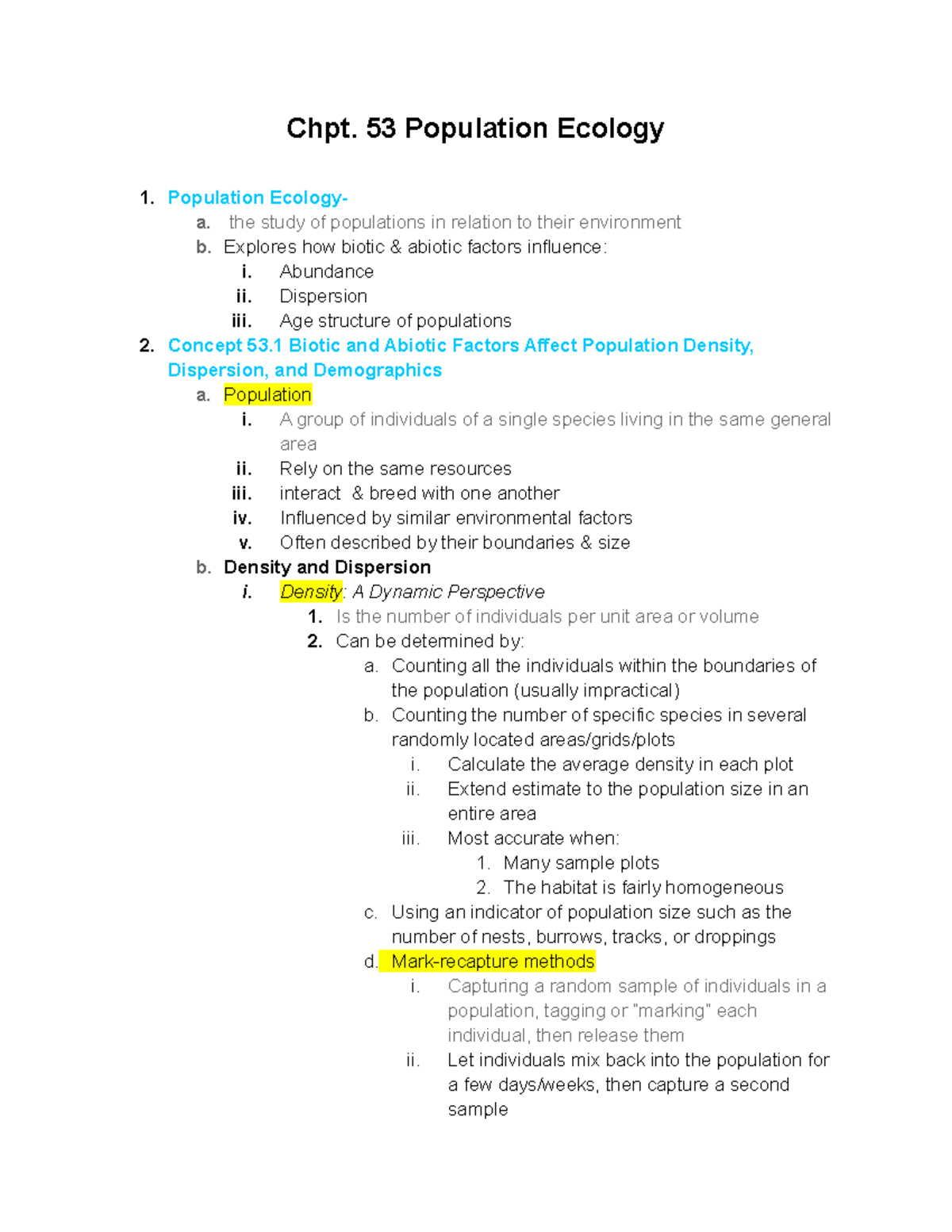 BIO 115 chpt. 53 notes - Chpt. 53 Population Ecology 1. Population ...