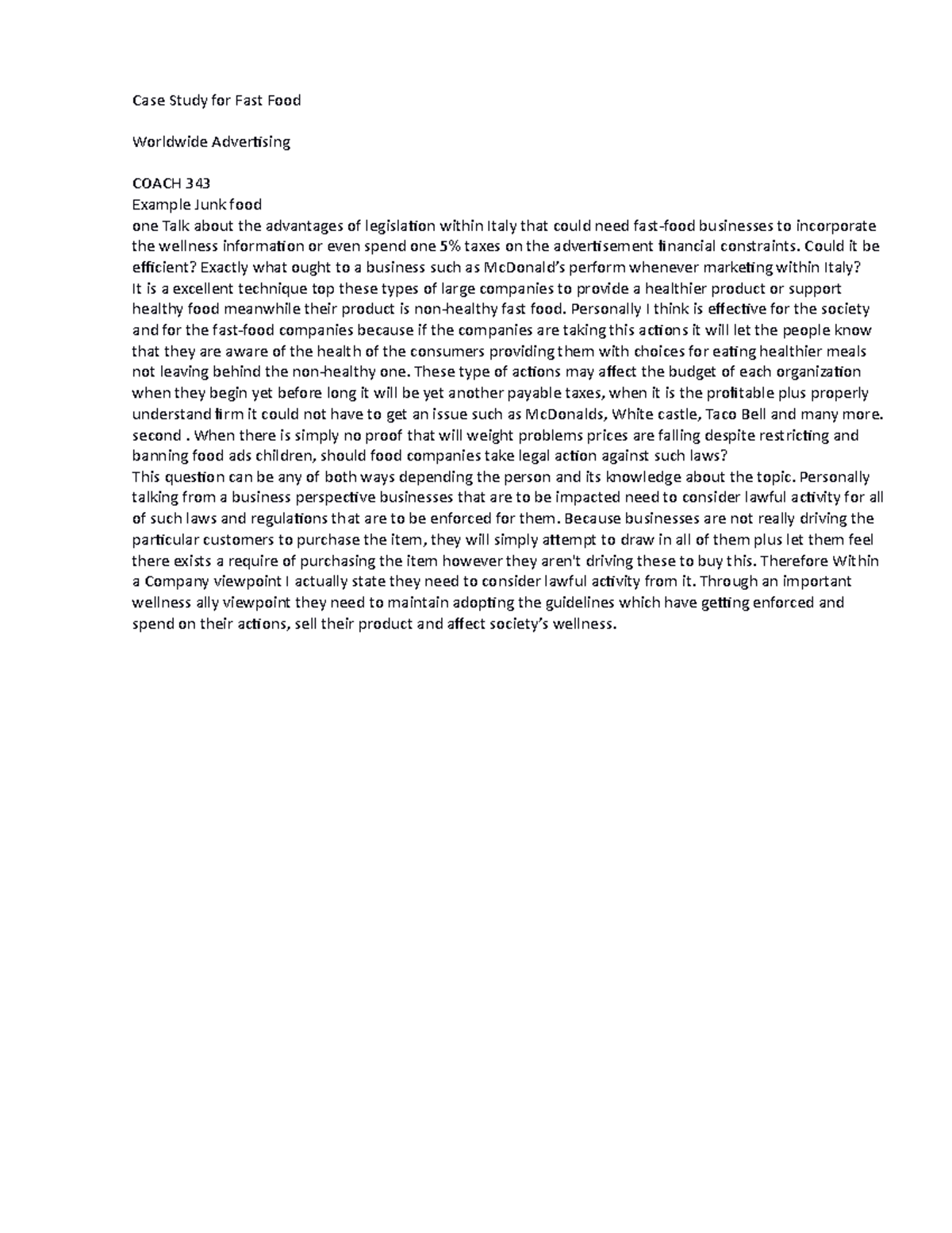 BUS 343 Case Study for Fast Food Case Study for Fast Food Worldwide