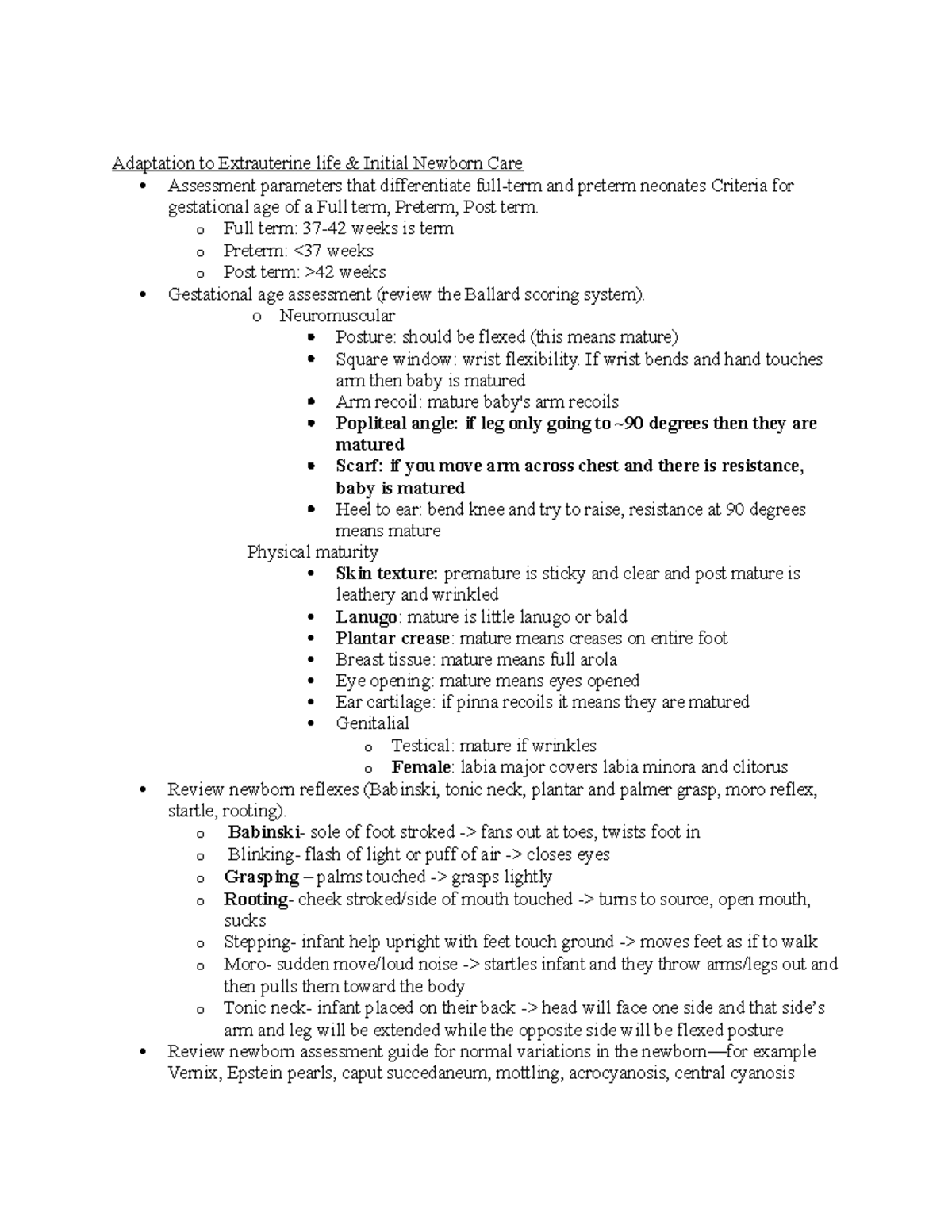 EXAM 2 BP - Exam 2 material - Adaptation to Extrauterine life & Initial ...