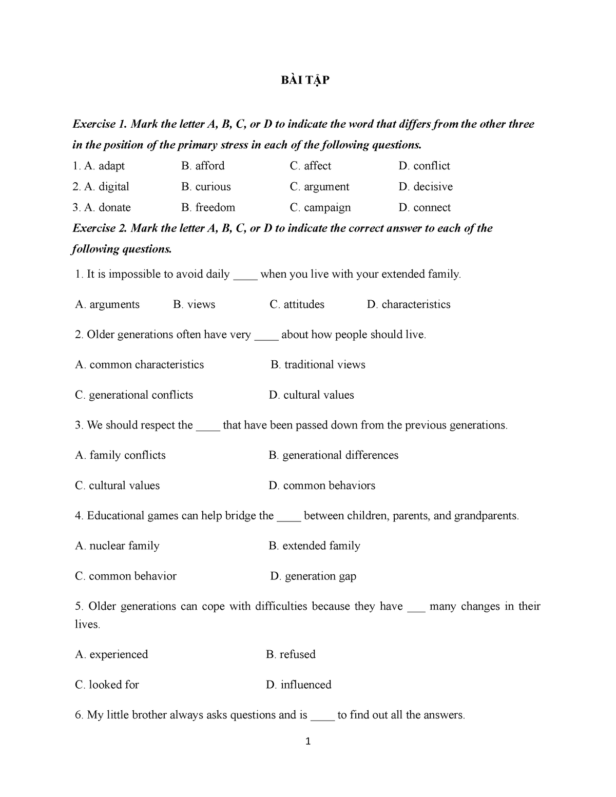 BÀI TẬP TIẾNG ANH - đâsa - BÀI TẬP Exercise 1. Mark The Letter A, B, C ...