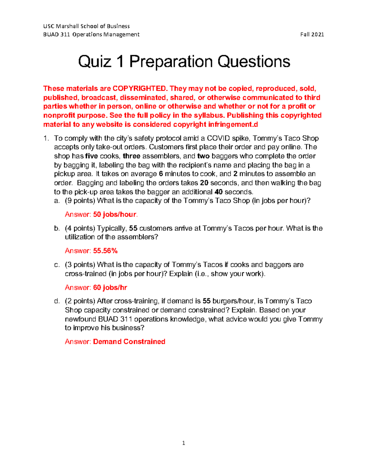 BUAD 311 Quiz 1 Preparation Questions Answers - BUAD 311 Operations ...