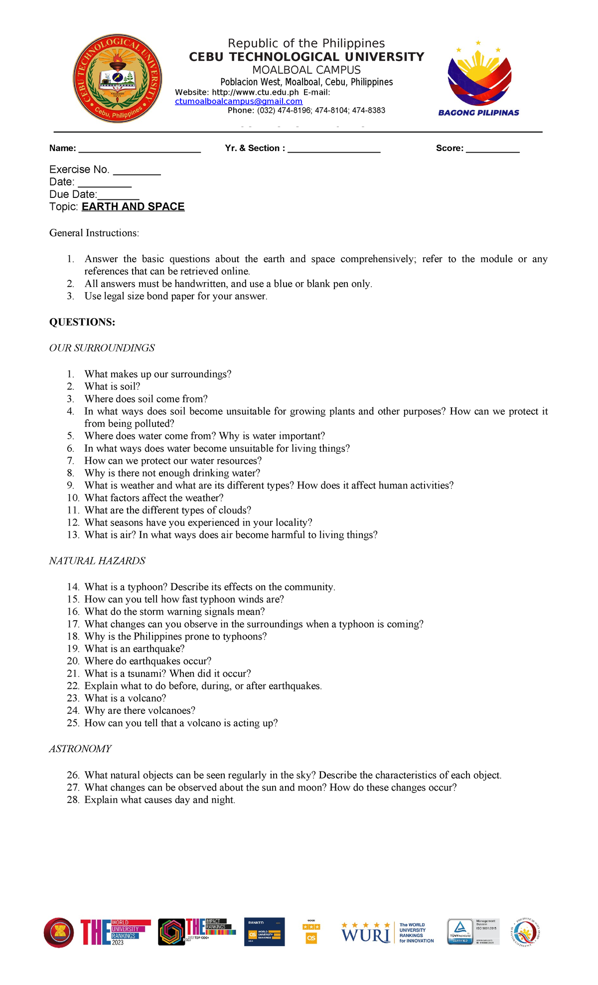 Questions exercise 1 - Republic of the Philippines CEBU TECHNOLOGICAL ...