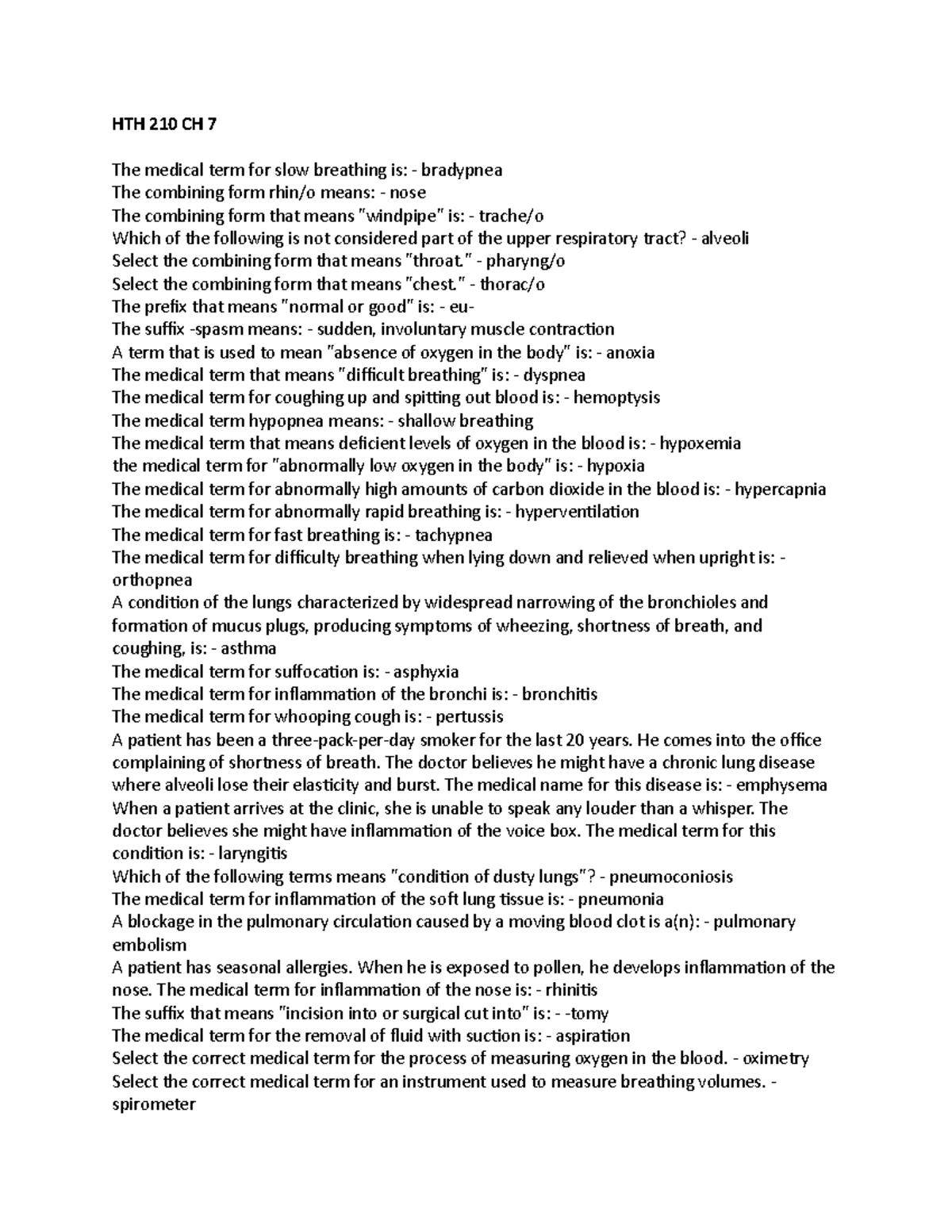 HTH 210 CH 7 - Lecture notes ch7 - HTH 210 CH 7 The medical term for slow  breathing is: - bradypnea - StuDocu