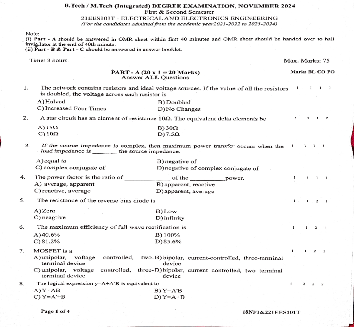 EEE-18 NOV 24 - PYQ'S - Note: 8. 1. ####### (i) Part -A should be ...