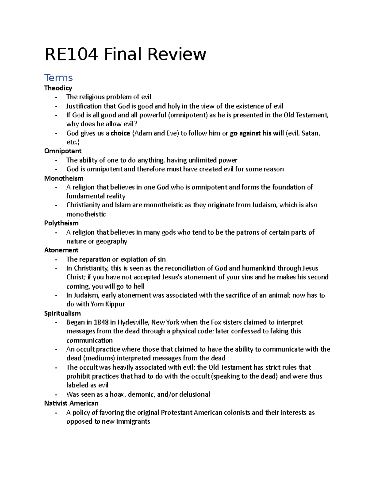RE104 Final Review oneclass - RE104 Final Review Terms Theodicy - The ...
