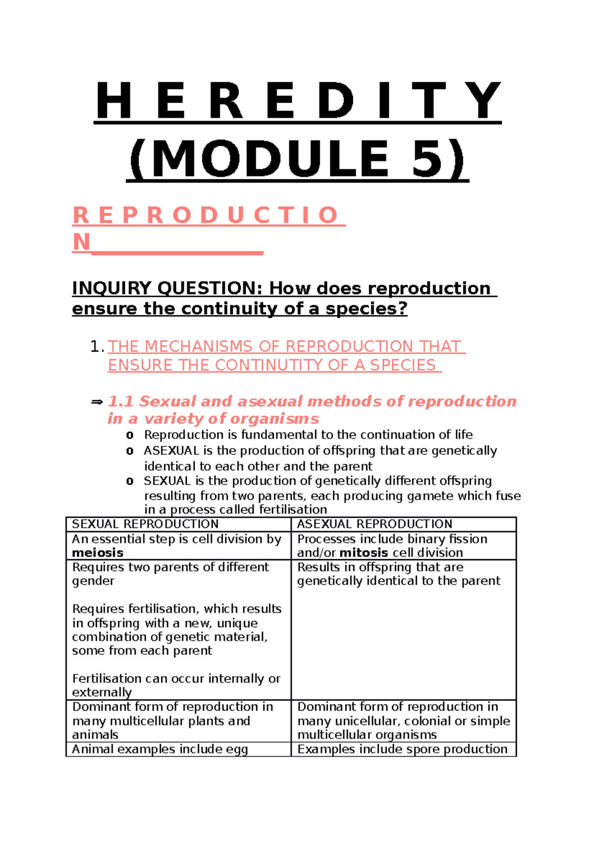 HSC Biology Notes H E R E D I T Y (MODULE 5) R E P R O D U C T I O N_______________ INQUIRY