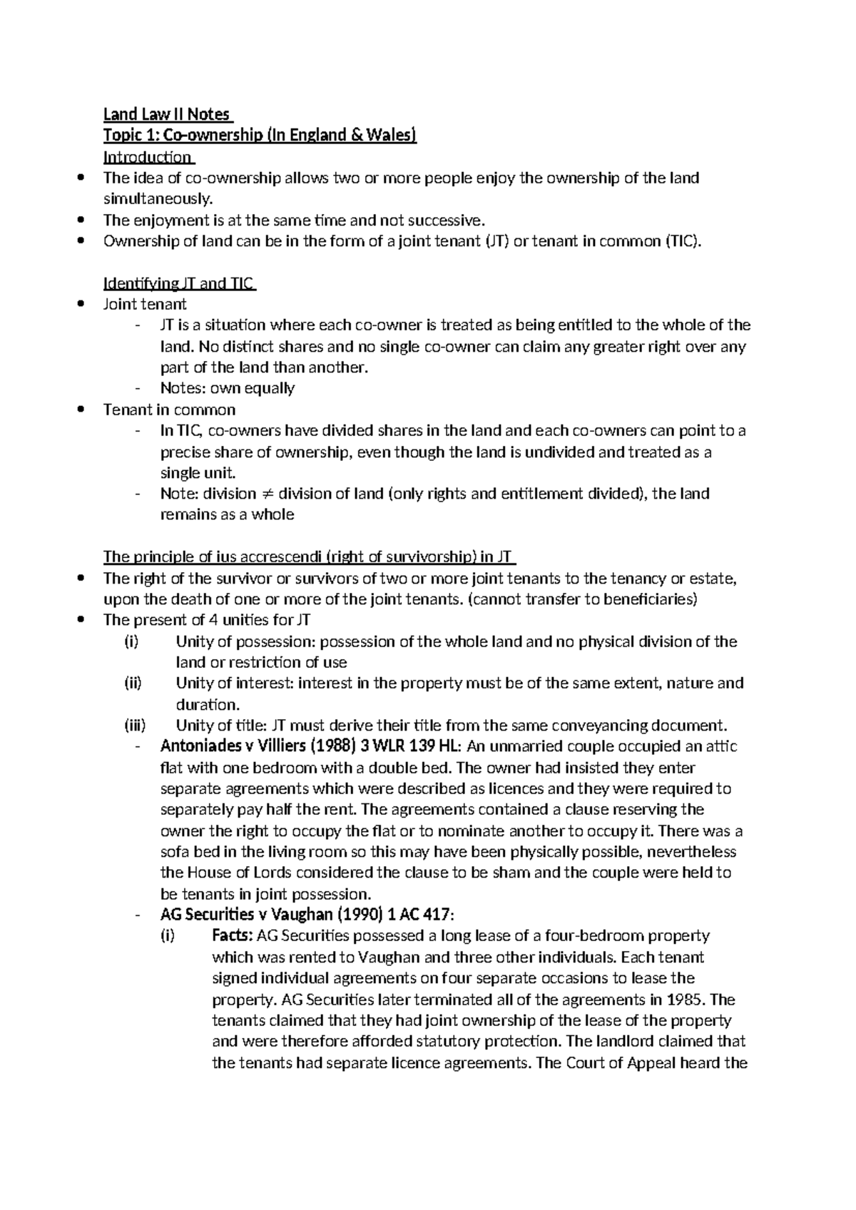 Topic 1- Co-ownership (Part 1) - Land Law II Notes Topic 1: Co ...