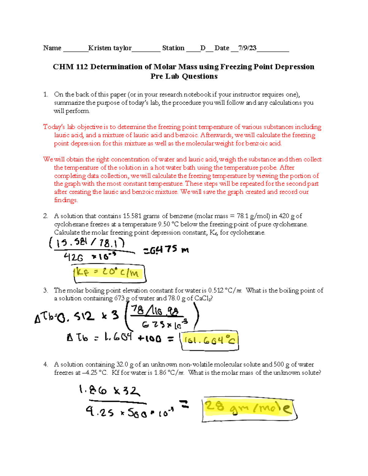 PreLabMolecular WeightFreezing pooint Depression Name Kristen taylor_ Station D Date Studocu