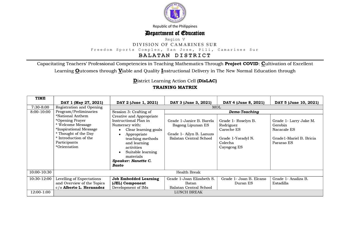 Training Matrix in Mathematics Republic Of The Philippines Department 