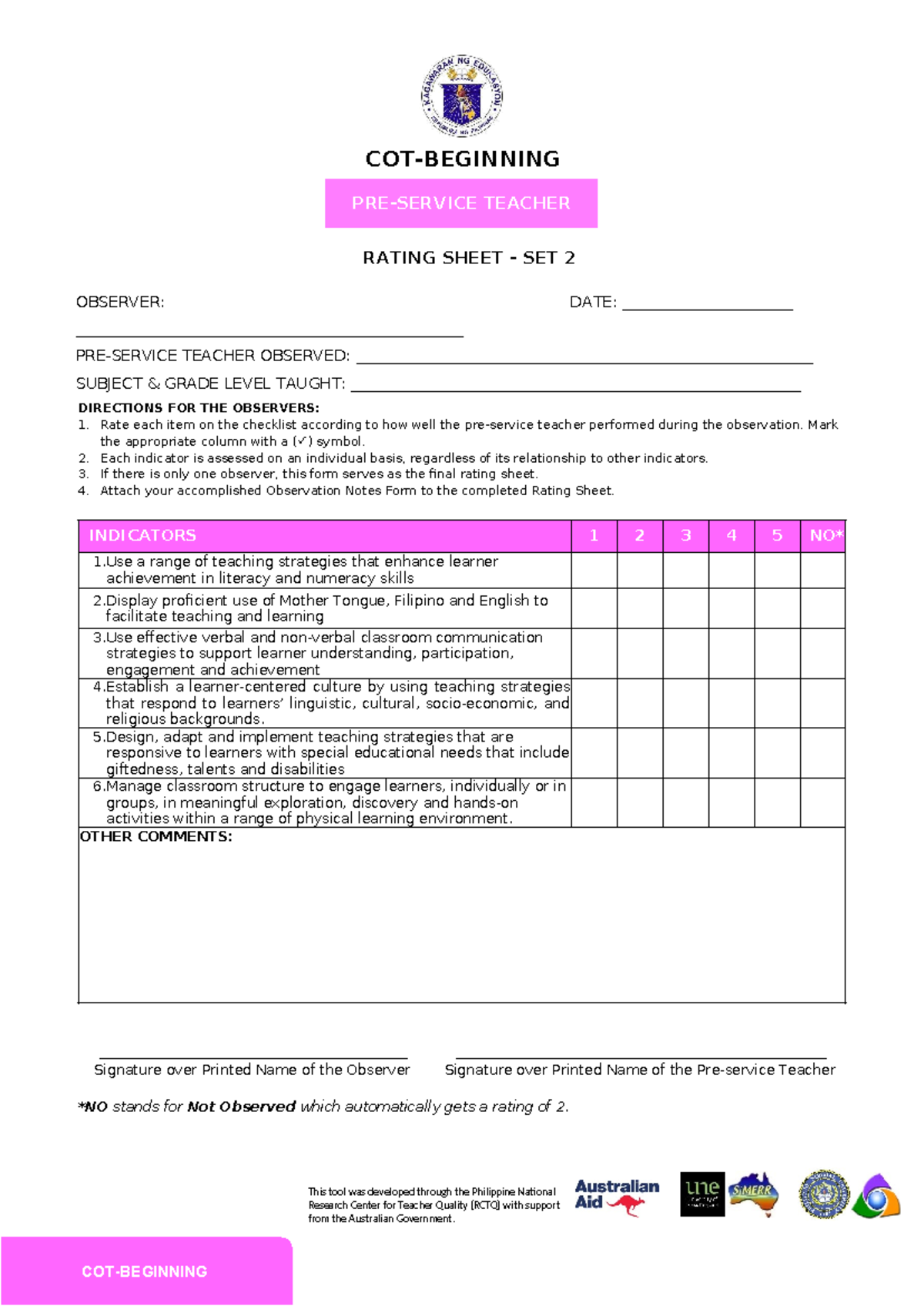 COT Beginning Set 2 Rating Sheet - RATING SHEET - SET 2 OBSERVER: - Studocu