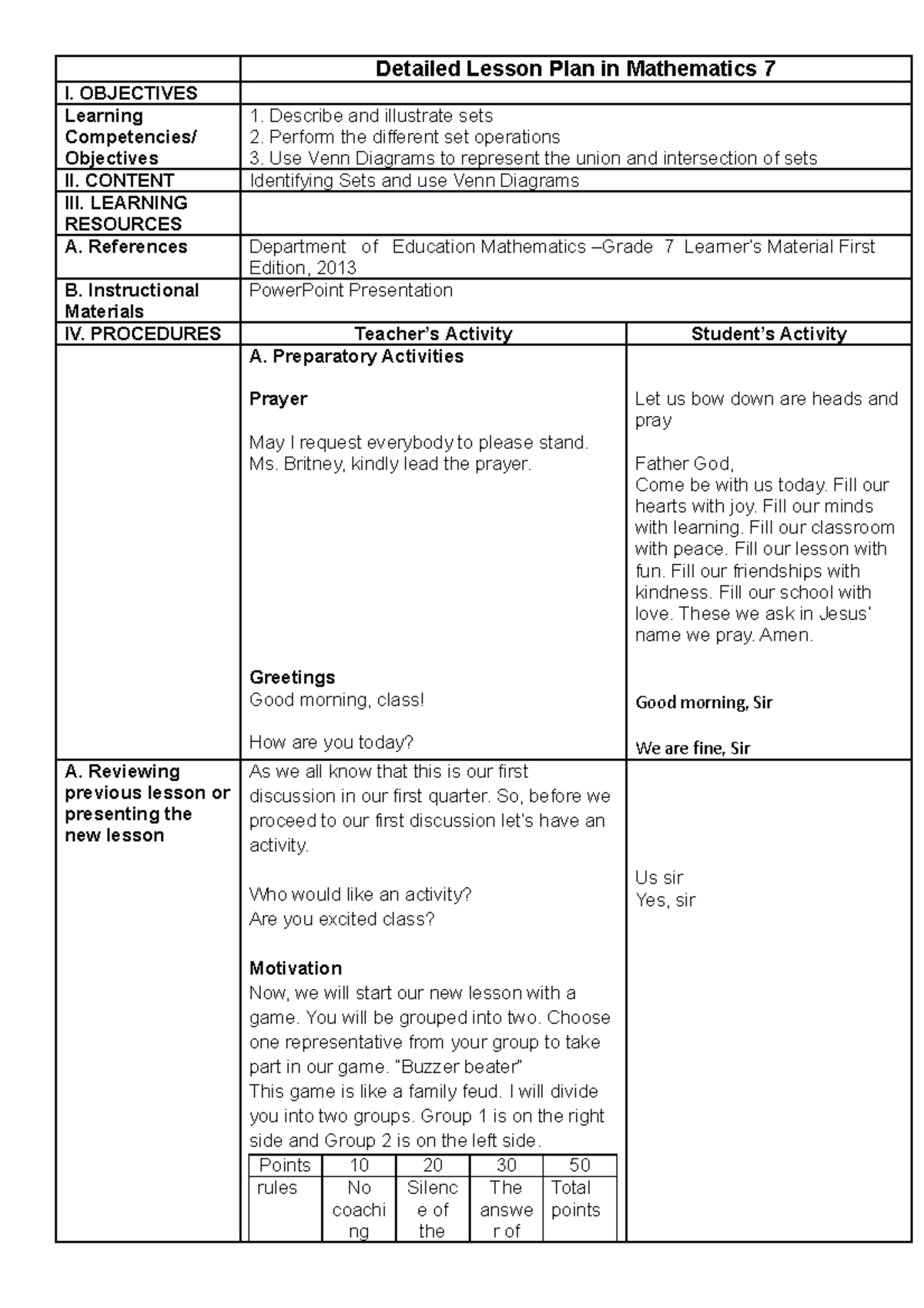 Detailed Lesson Plan in Mathematics 7 - OBJECTIVES Learning ...