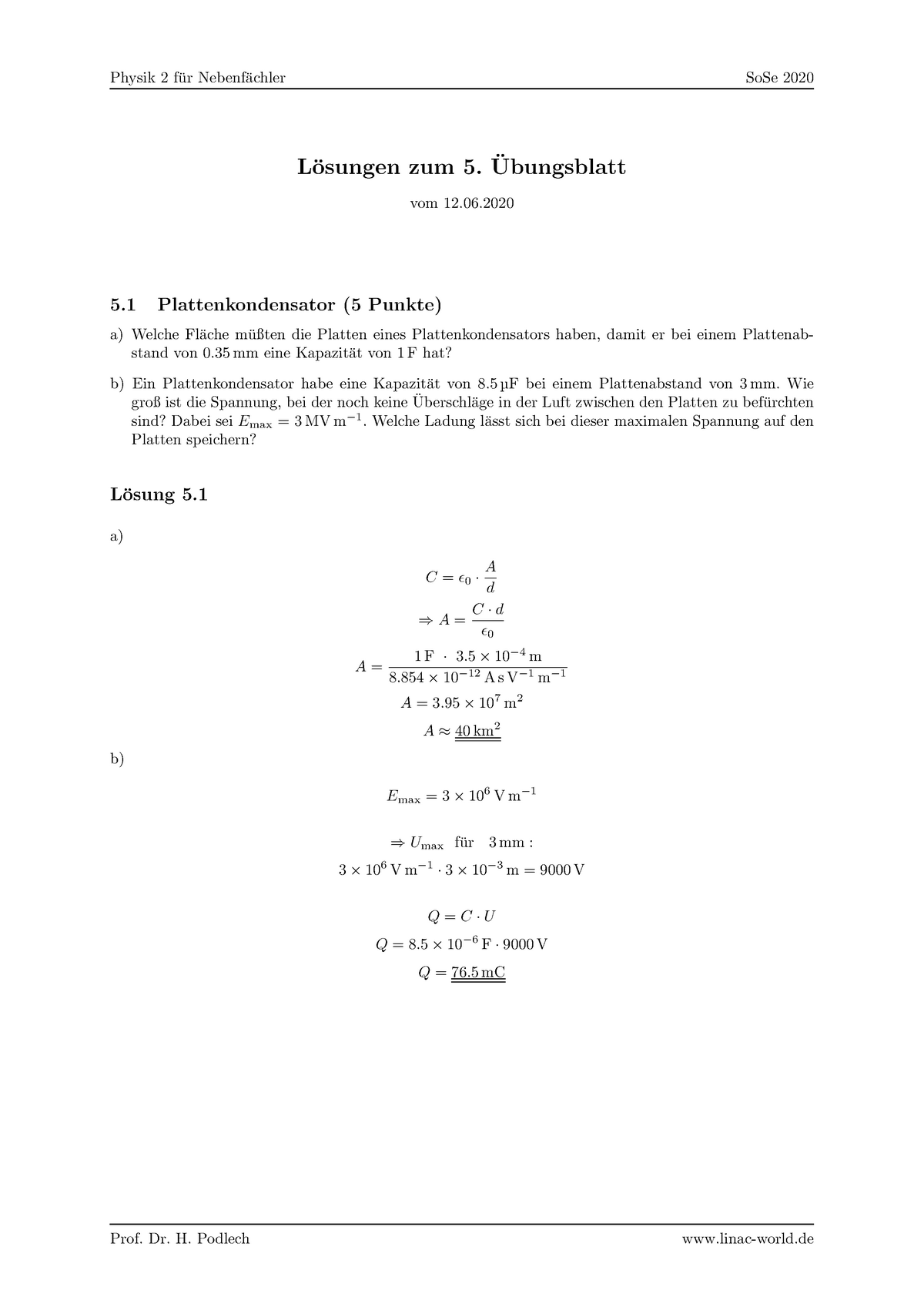 L Sung05 2020 Lösung ̈ ̈ L ̈ Osungen Zum 5 ̈ Ubungsblatt Vom 12 5 Plattenkondensator 5