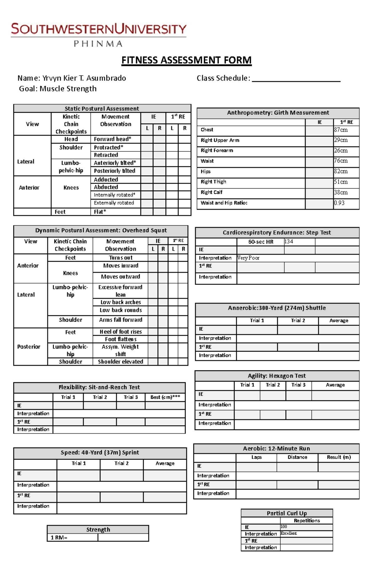 Physical Assessment Form FITNESS ASSESSMENT FORM Name Yrvyn Kier T