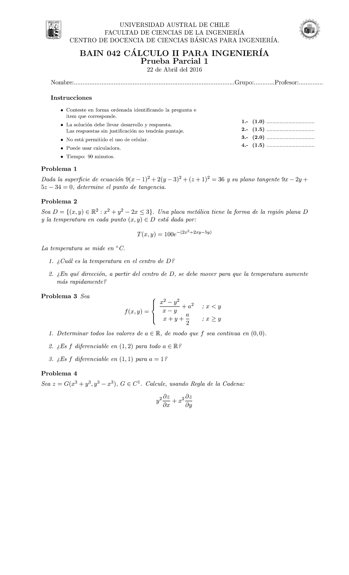 Prueba 1 - UNIVERSIDAD AUSTRAL DE CHILE FACULTAD DE CIENCIAS DE LA ...