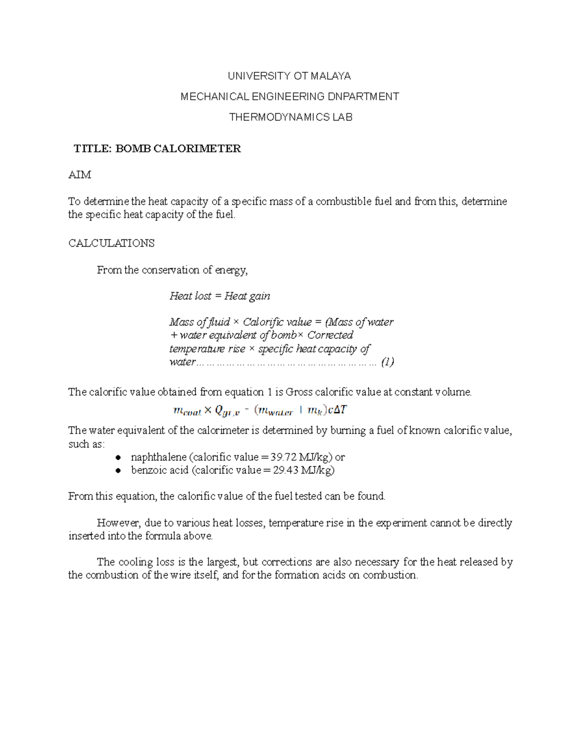 KIG1008 U4 Bomb Calorimeter Experiment Lab Sheet UNIVERSITY OT MALAYA MECHANICAL ENGINEERING