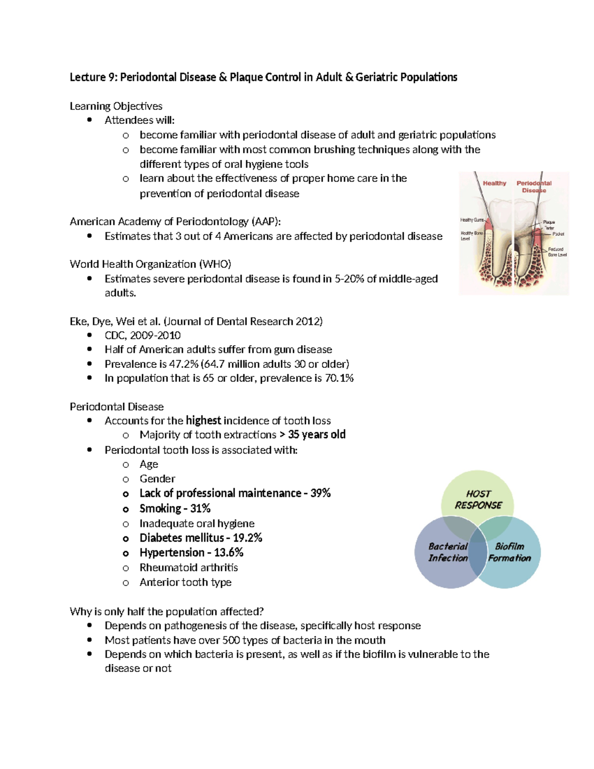 Health Promo Lecture 9 - notes - Lecture 9: Periodontal Disease ...