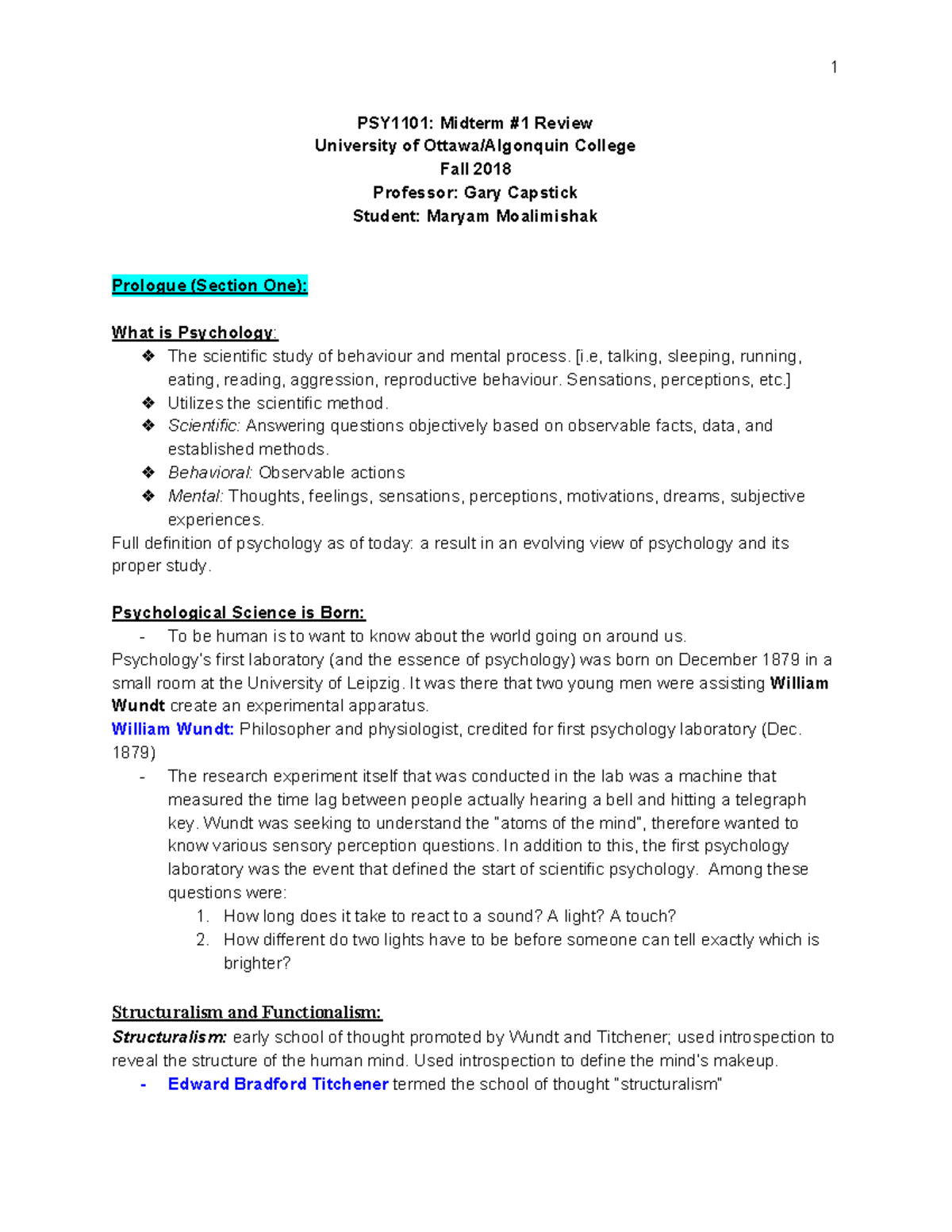 PSY1101 - Lecture notes Mid 1 - 1 PSY1101: Midterm Review University of ...