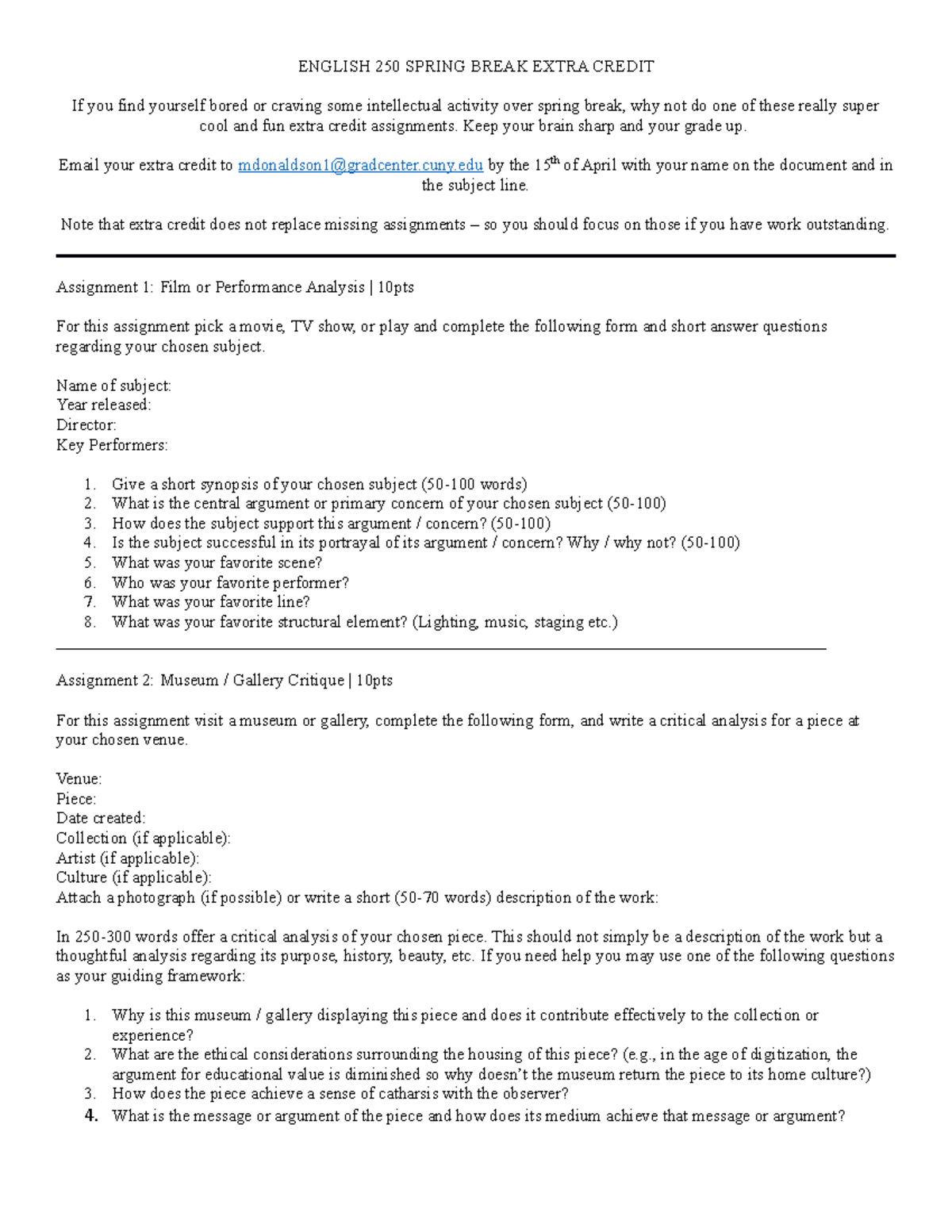 English 250 Spring Break Extra Credit ENGLISH 250 SPRING BREAK EXTRA