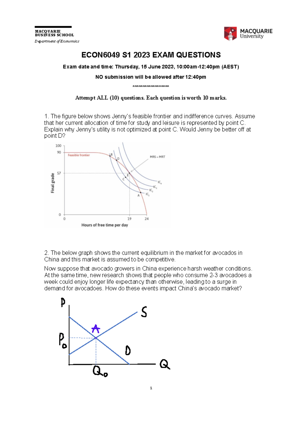 Exam paper Economics BUSINESS SCHOOL Department of Economics ECON6049